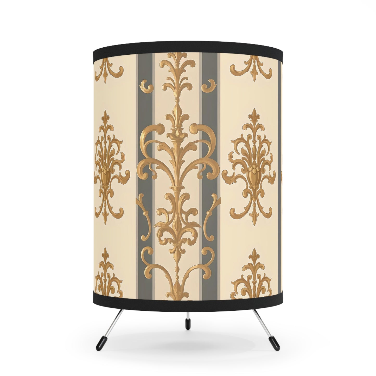 Elegant Tripod Lamp with Vintage Floral Print Shade - High-Res Home Accent - Dusk Olive Striped Gold Damask
