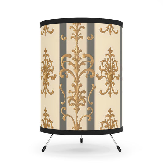 Elegant Tripod Lamp with Vintage Floral Print Shade - High-Res Home Accent - Dusk Olive Striped Gold Damask