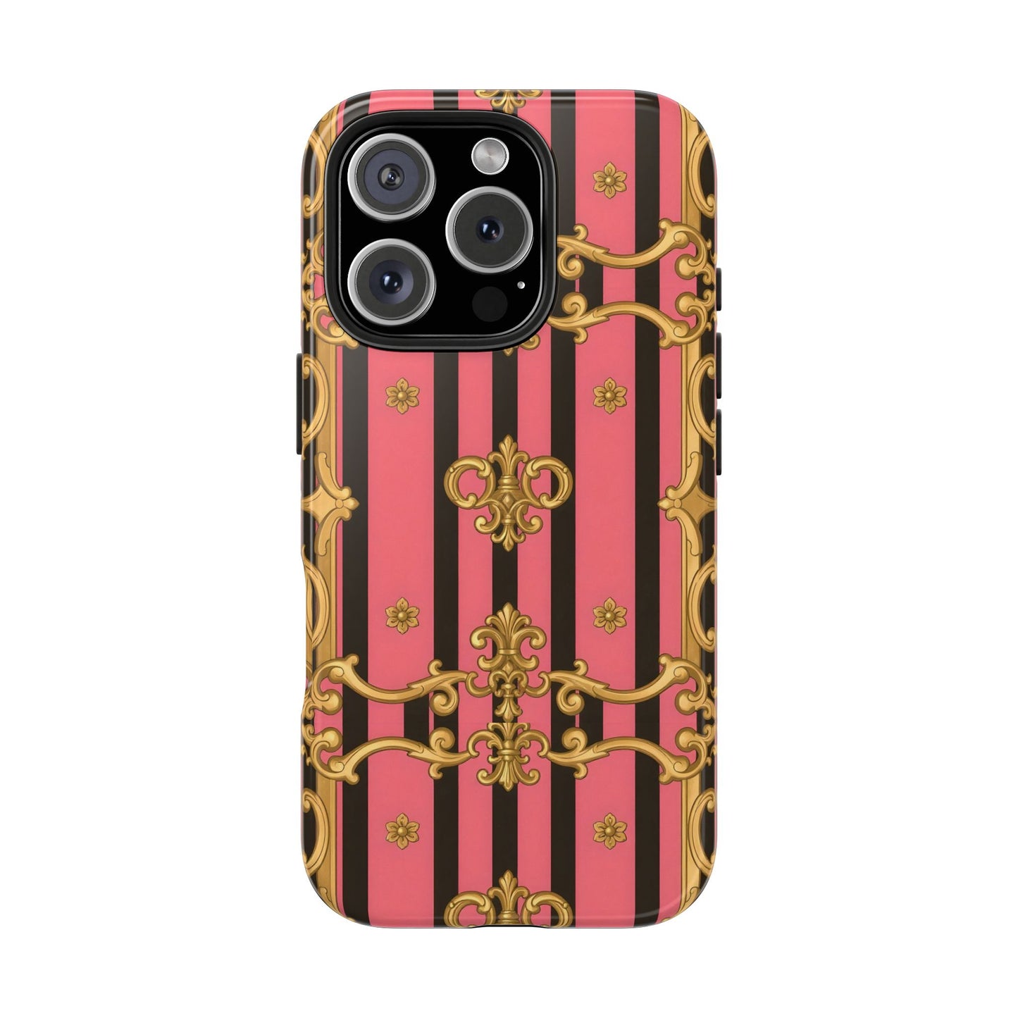 Elegant Baroque Tough Phone Cases, Stylish Protection, Gift for Her, Trendy Accessory - Pink & Black Striped Gold Baroque