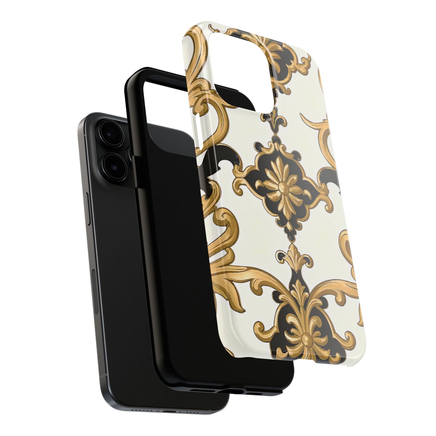 Elegant Floral Tough Phone Cases, Durable Phone Cover, Stylish Phone Accessories, Gift for Her, Chic Phone Cases - Black & Gold Rococo