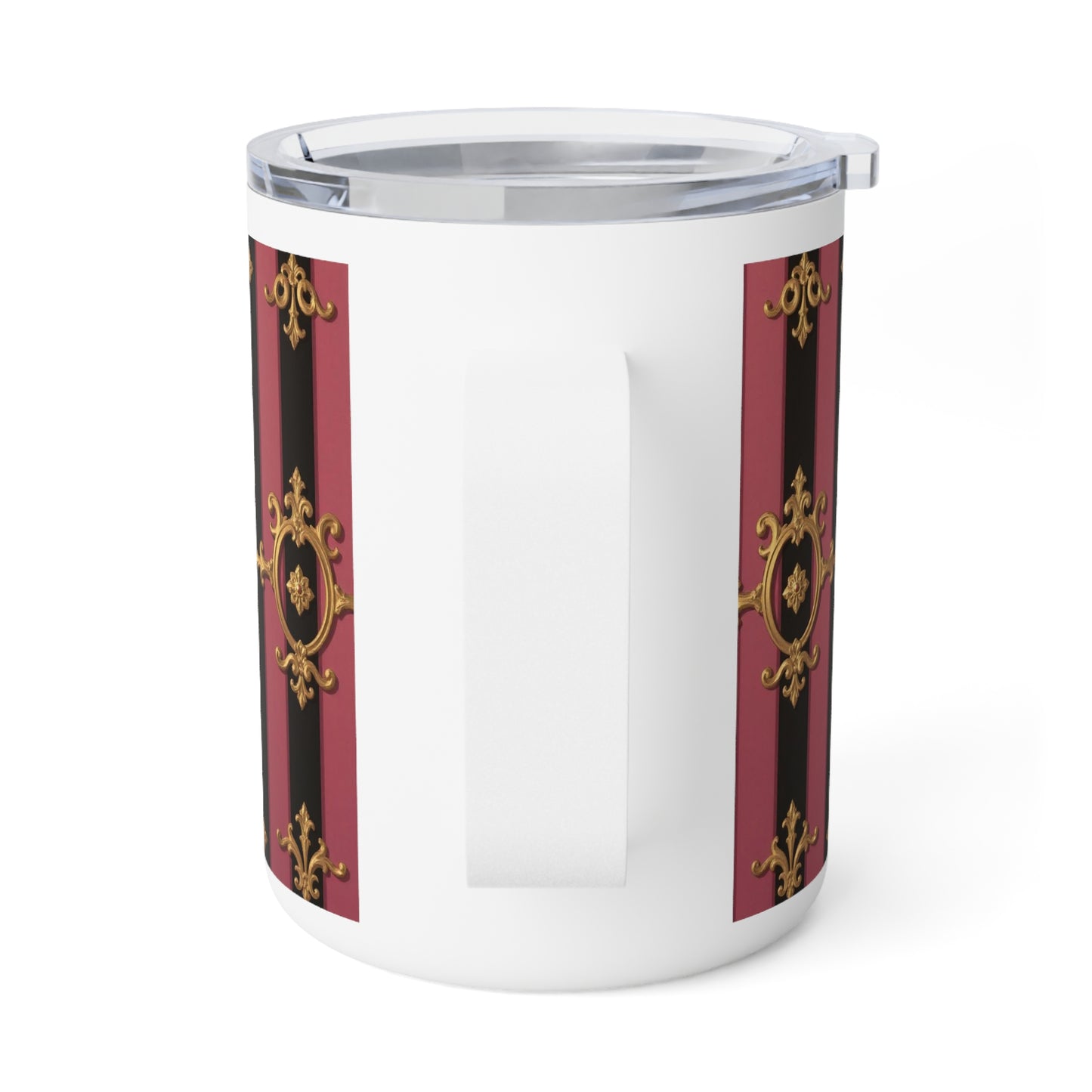 Elegant Black & Mauve Striped Gold Baroque Insulated Coffee Mug - Vintage Gold and Stripes Design | Gift for Coffee Lovers, Travel Mug, Tea Lovers