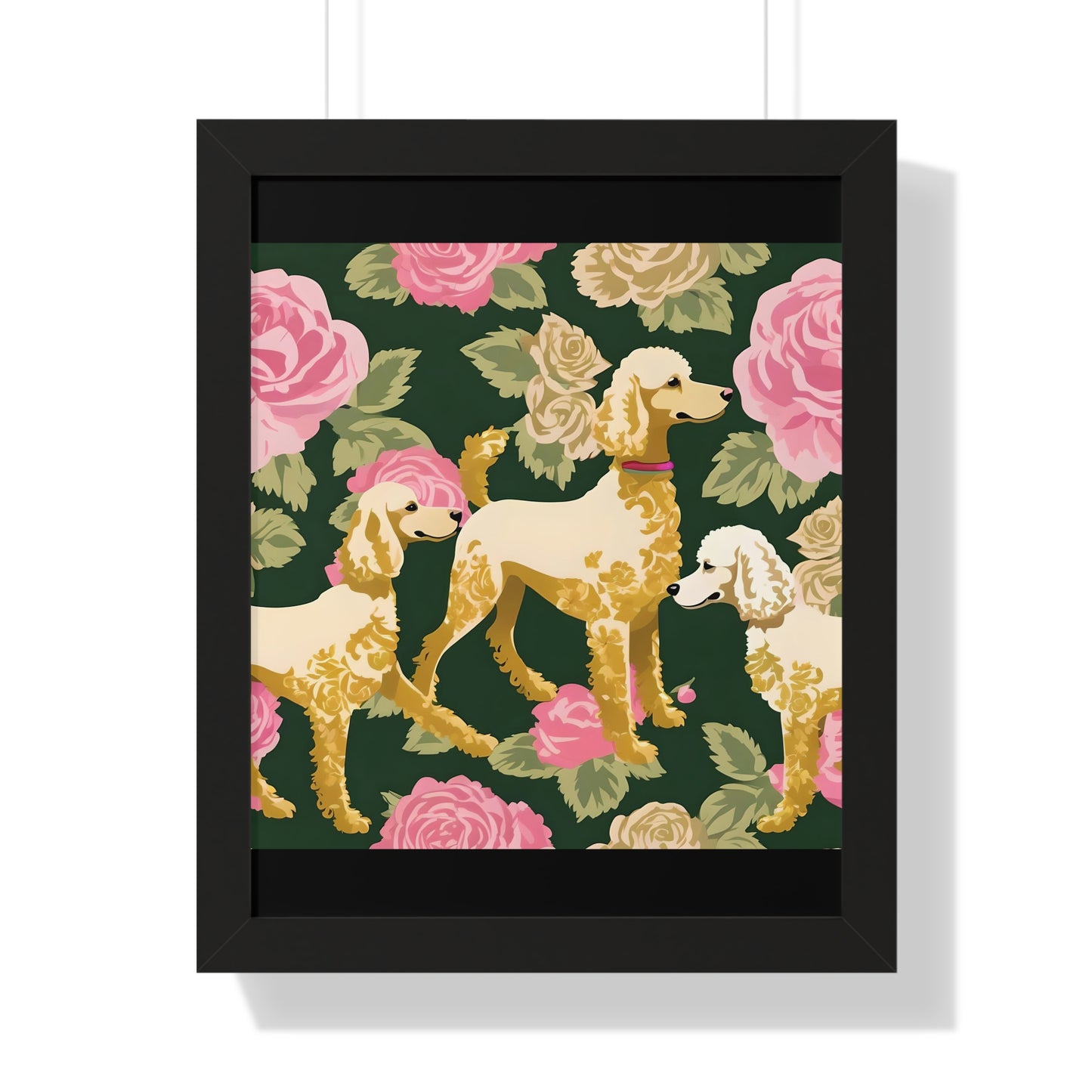 Vertical Poster - Stylish Framed - Art for Home Decor - Poodles In Dark Green & Pink Roses
