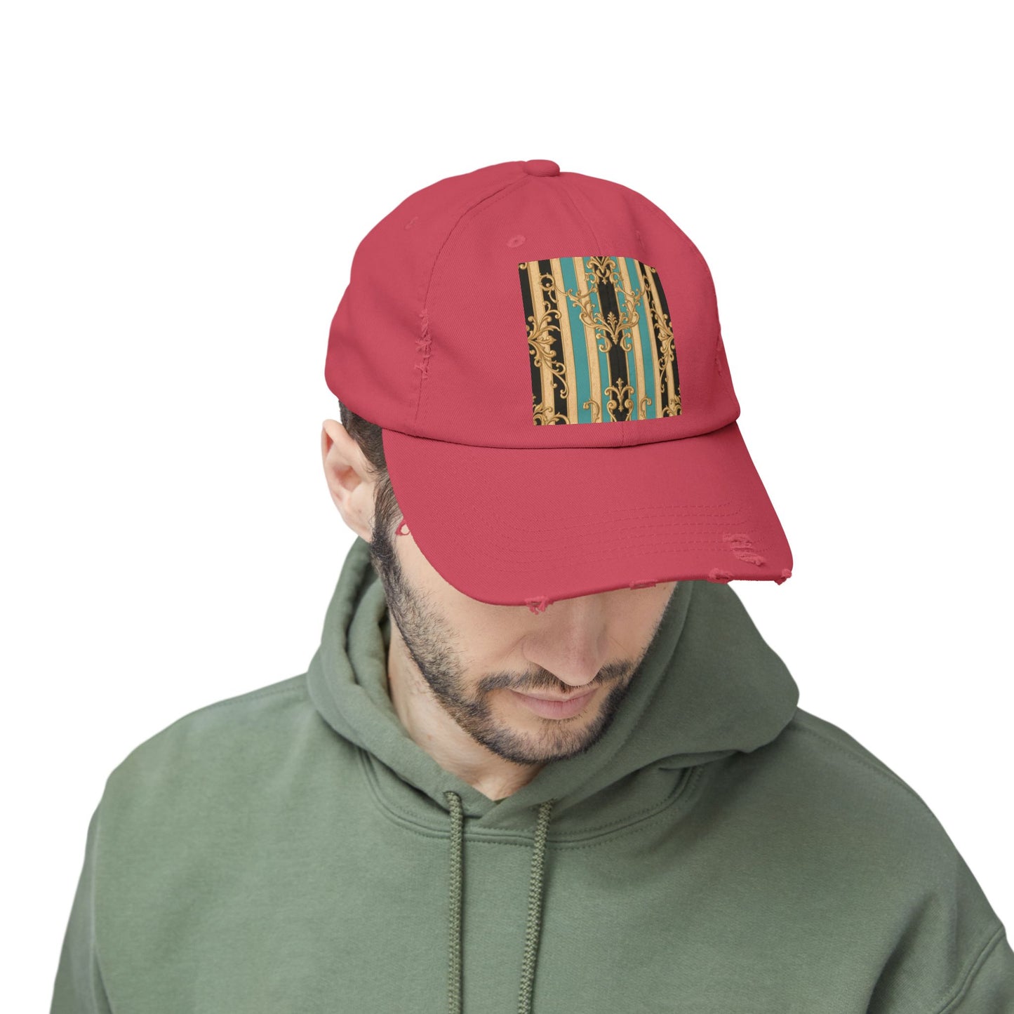Distressed Black, Tan & Ocean Green Striped Gold Baroque Cap with Elegant Stripe Design | Vintage-Inspired Accessories, Unisex Casual Hat