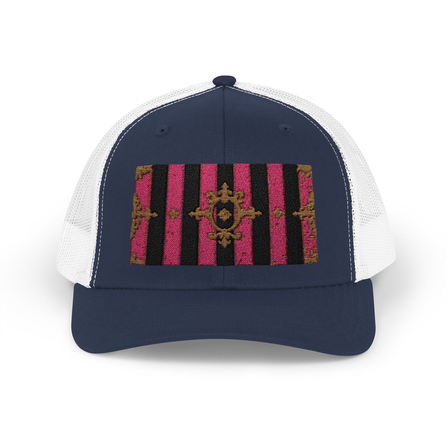 Stylish Snapback Trucker Cap with Black & Mauve Striped Gold Baroque, Trendy Fashion Hat, Perfect Gift for Him/Her
