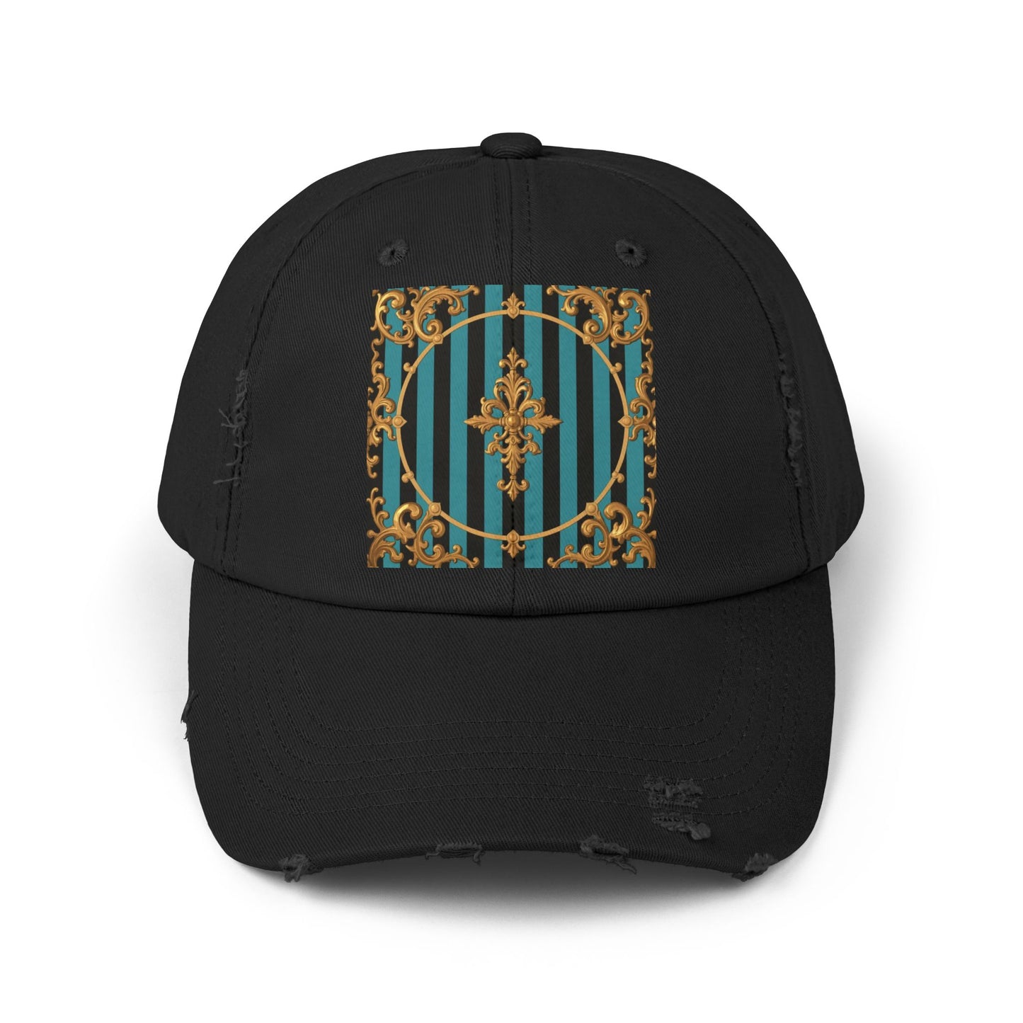 Turquoise & Black Striped Gold Baroque Distressed Cap with Elegant Design, Fashion Accessory for Everyday Wear, Perfect for Festivals, Gifts