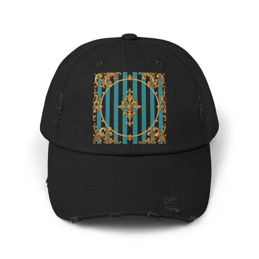 Turquoise & Black Striped Gold Baroque Distressed Cap with Elegant Design, Fashion Accessory for Everyday Wear, Perfect for Festivals, Gifts