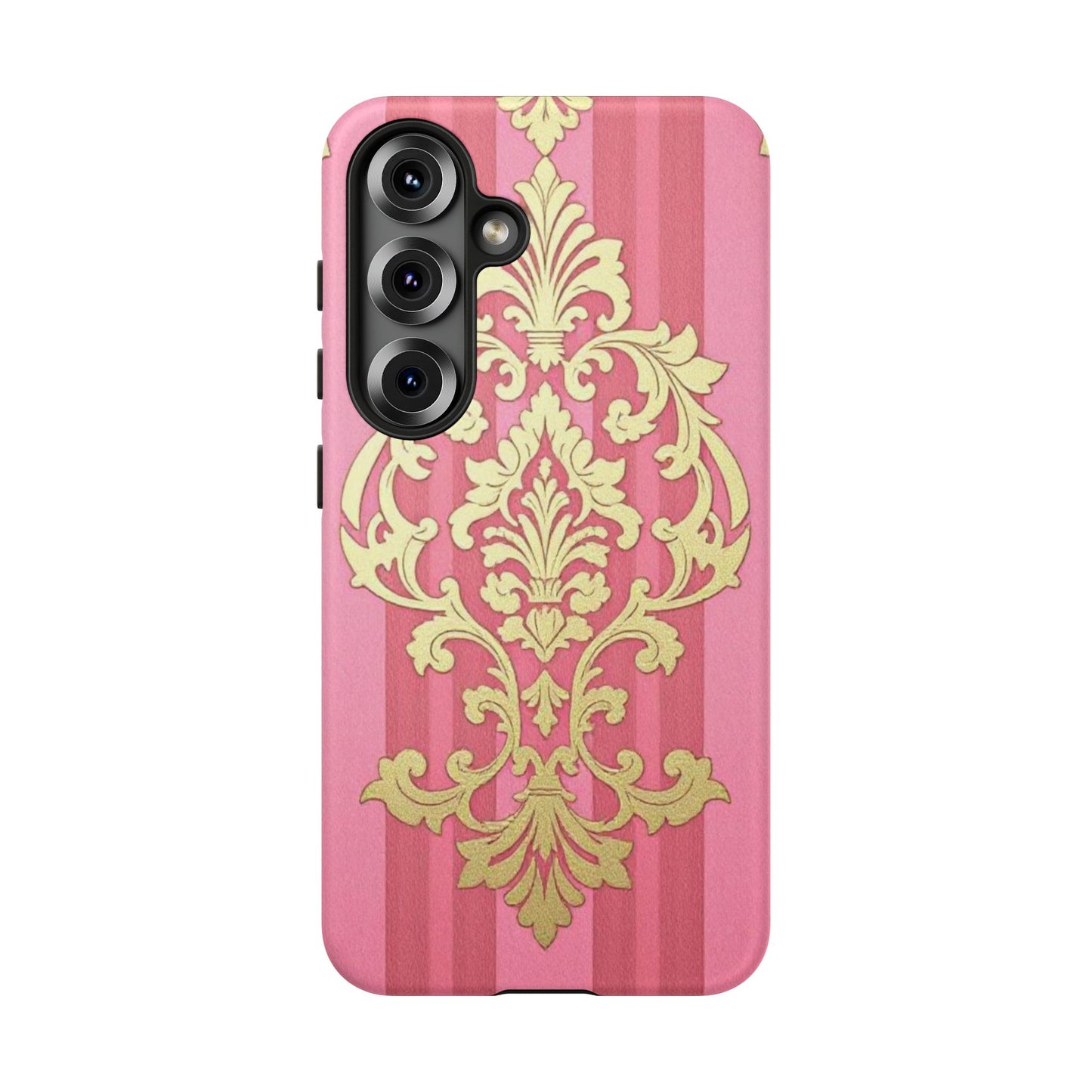 Elegant Floral Motif Phone Case - Tough Cases with Vintage Design - Pink Striped Damask
