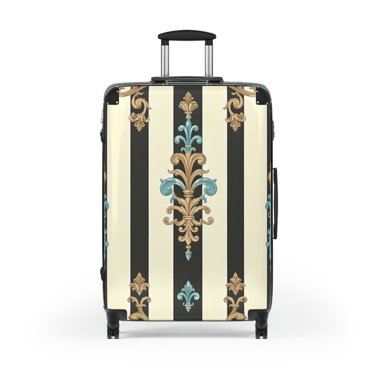 Chic Travel Suitcase | Vintage Floral Design, Luggage Bag, Stylish Carry-On, Travel Gear, Vacation Essentials - Black Striped Turquoise & Black Rococo