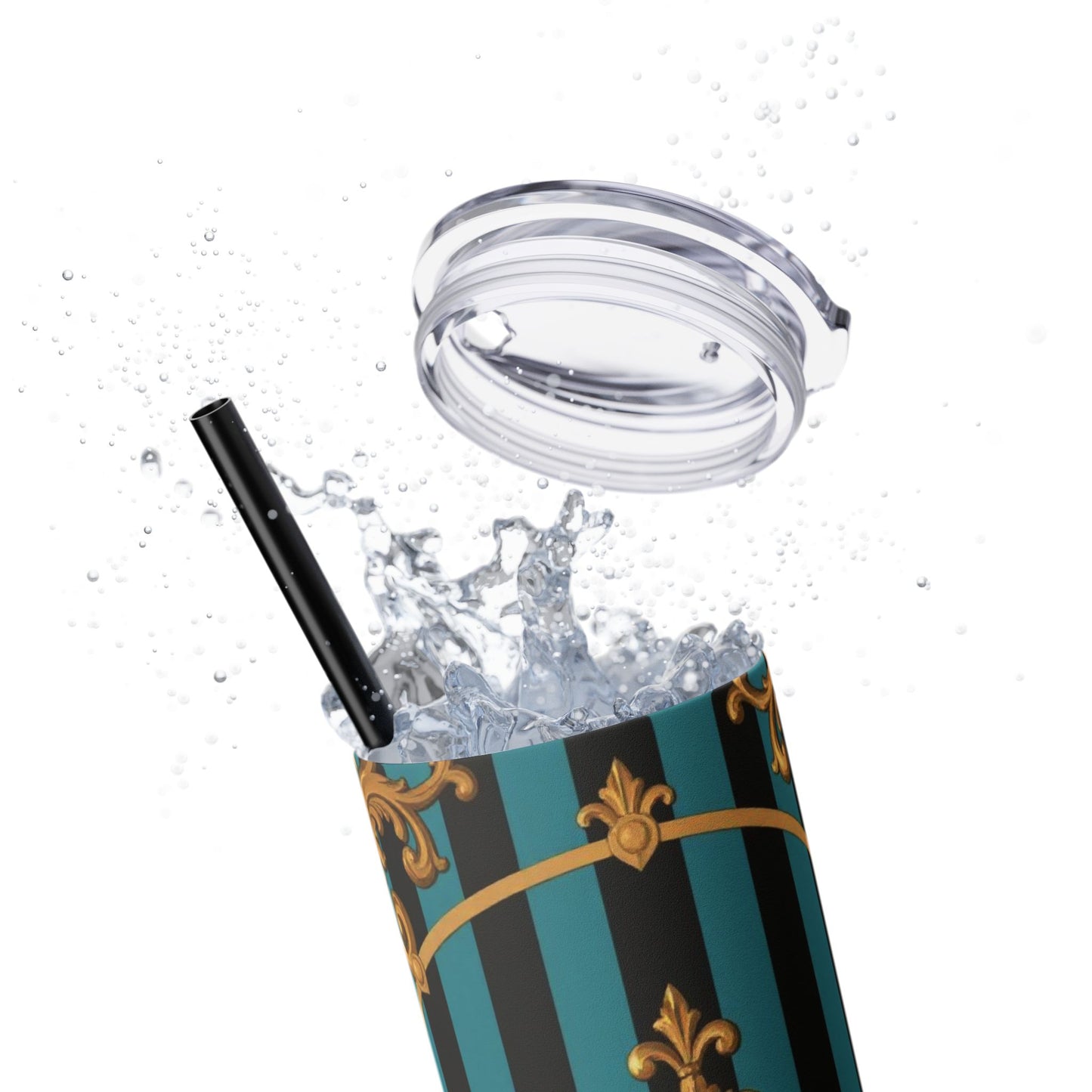 Elegant Turquoise & Black Striped Gold Baroque Skinny Tumbler with Straw, 20oz, Stylish Travel Mug, Party Favor, Birthday Gift, Drinkware