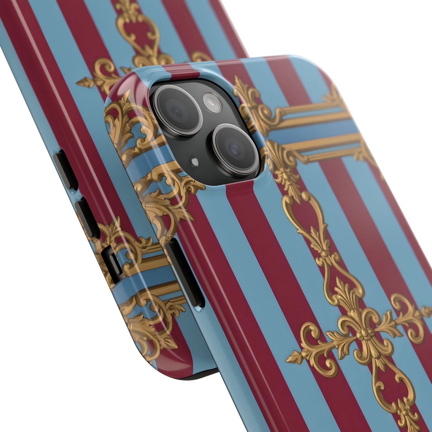 Elegant Patterned Tough Phone Cases, Stylish Phone Cover, Durable Phone Protection, Unique Gift Idea - Sky Blue & Maroon Striped Baroque