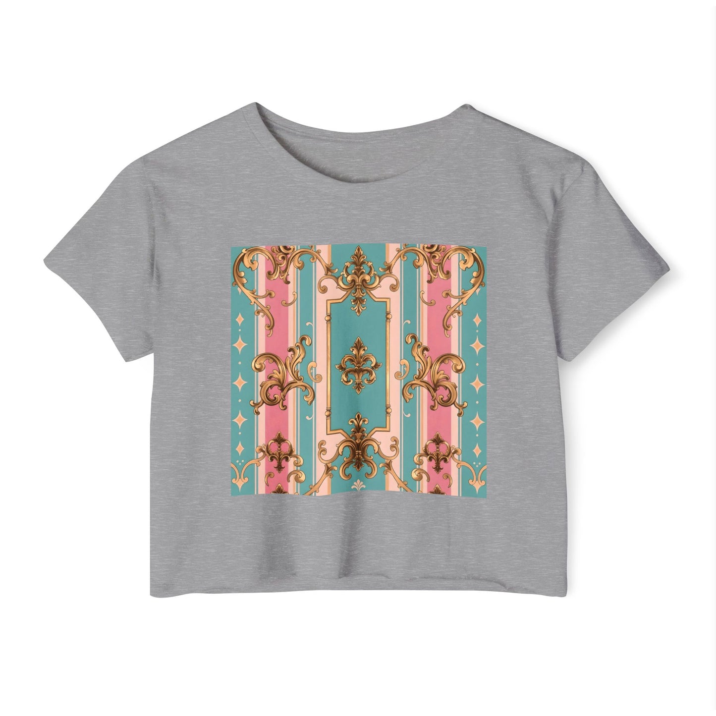 Rococo Festival Crop Top, Summer Crop Tee, Music Festival Clothing, Trendy Women's Fashion - Pink & Matte Turquoise Striped Rococo