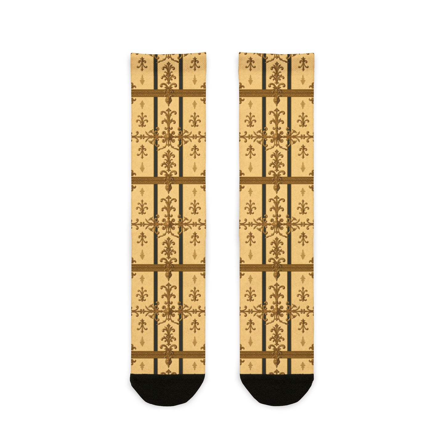 Rococo Patterned Socks | Cozy Footwear Gifts for Her, Unique Home Accessories, Stylish Crew Socks - Matte Yellow Striped Antique Rococo