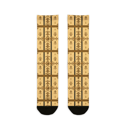 Rococo Patterned Socks | Cozy Footwear Gifts for Her, Unique Home Accessories, Stylish Crew Socks - Matte Yellow Striped Antique Rococo