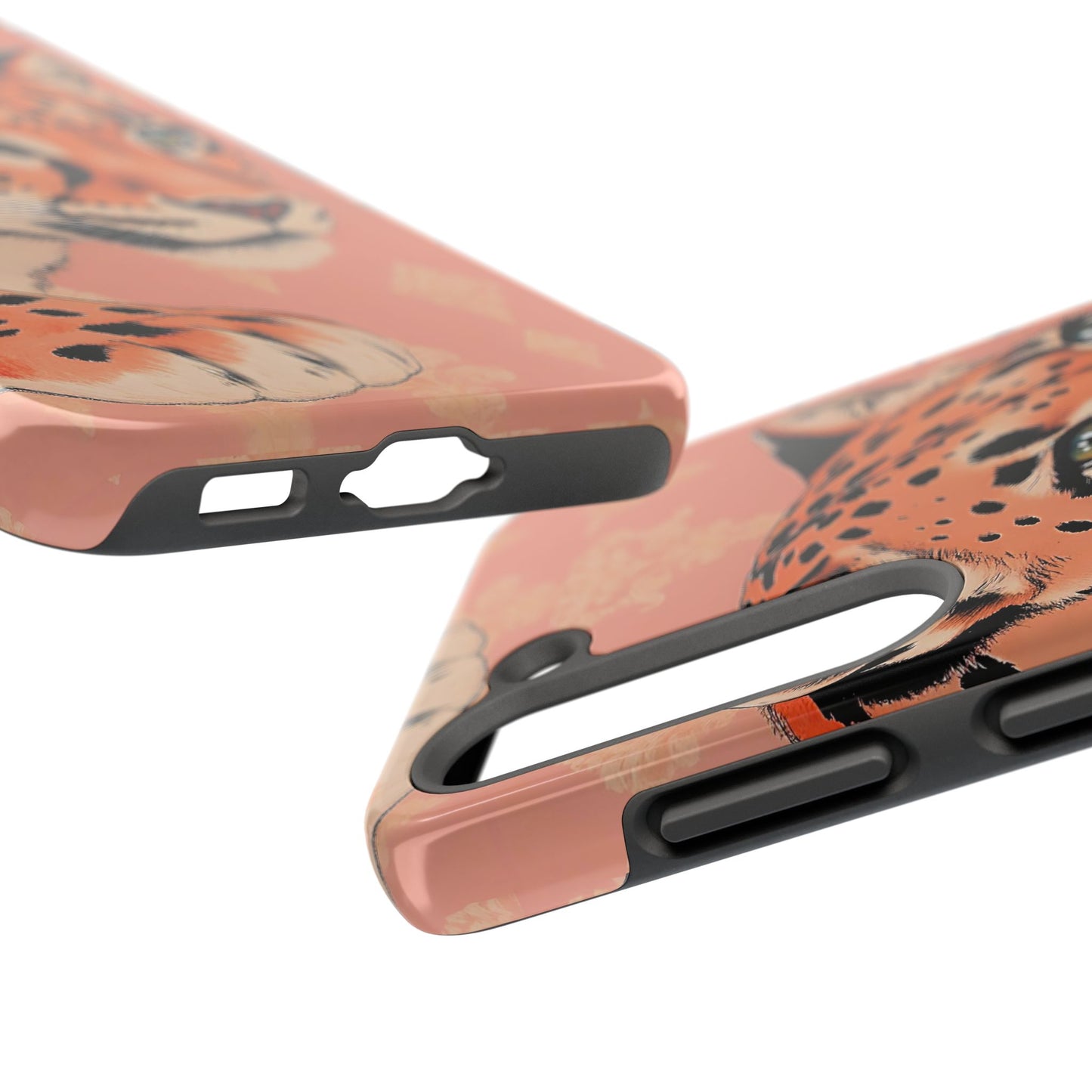 Leopard Tough Phone Case - Trendy Floral Motif Design for Animal Lovers - Peach Leopard & Damask