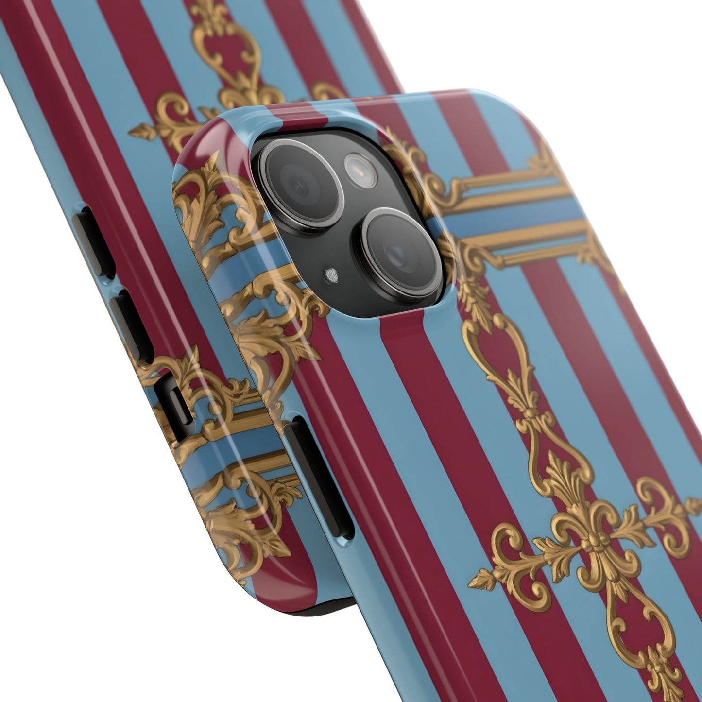 Elegant Patterned Tough Phone Cases, Stylish Phone Cover, Durable Phone Protection, Unique Gift Idea - Sky Blue & Maroon Striped Baroque