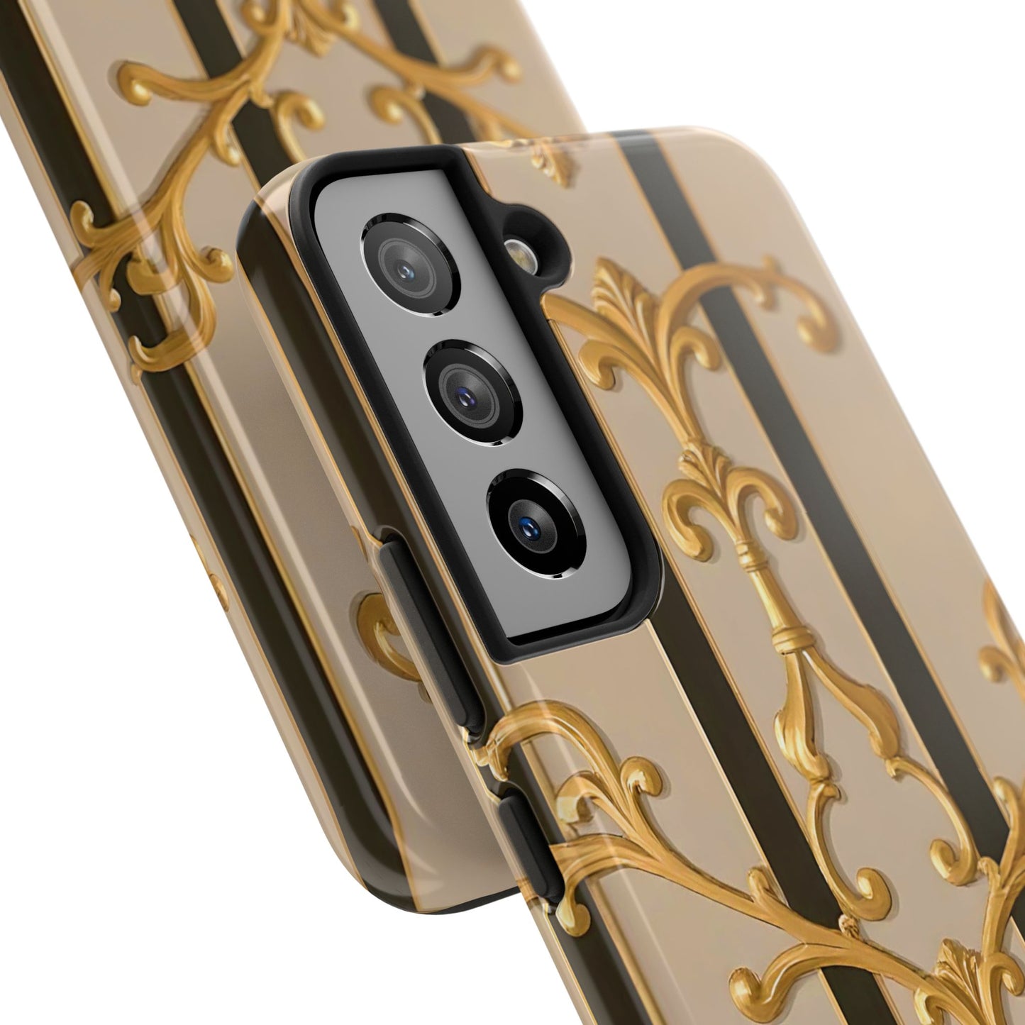 Elegant Vintage Tough Phone Case, Stylish Phone Cover, Boho Accessories, Perfect Gift for Her - Beige Striped Gold Rococo