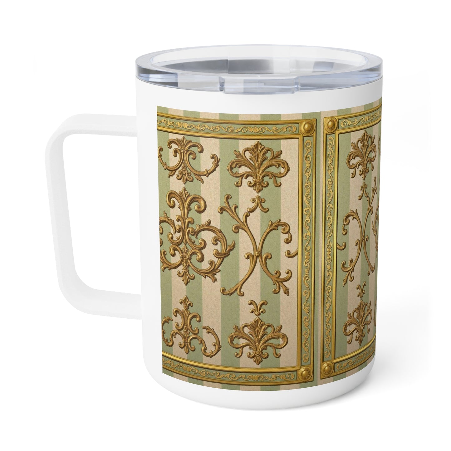 Elegant Vintage Insulated Coffee Mug - For Tea Lovers, Unique Kitchen Gift - Mint Green & Beige Striped Gold Baroque