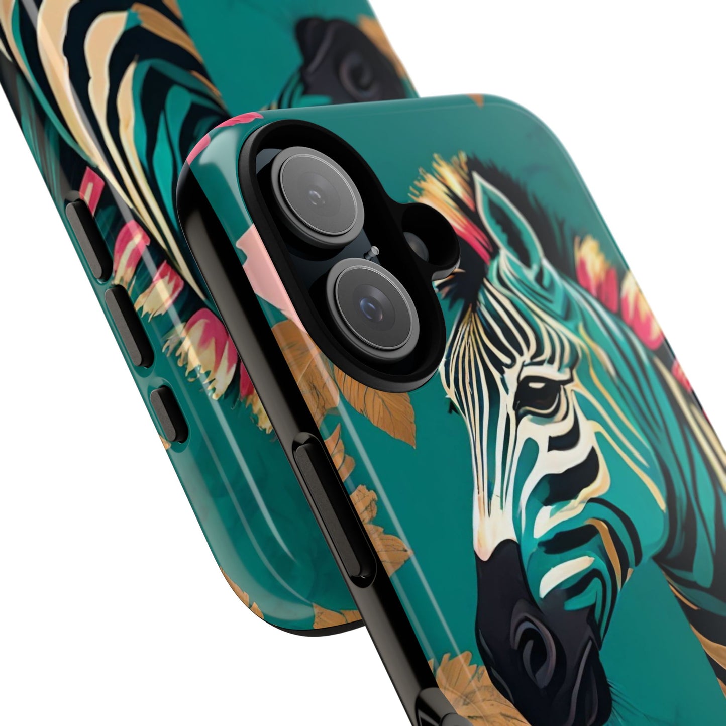 Phone Case - Elegant Teal & Gold Zebra & Roses Design