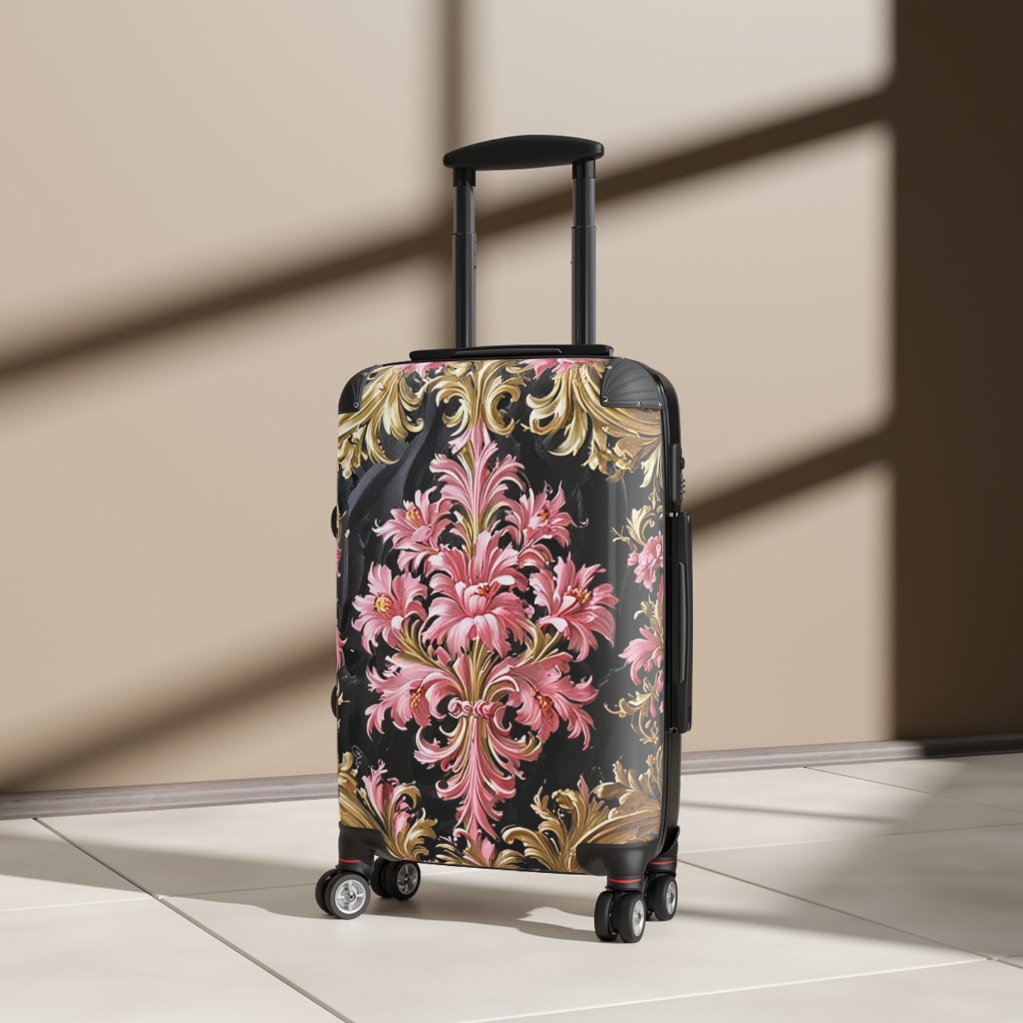 Elegant Floral Suitcase - Travel Luggage, Chic Carry-On, Stylish Baggage, Vintage-Inspired Design - Black & Pink Oil Painting Style Rococo