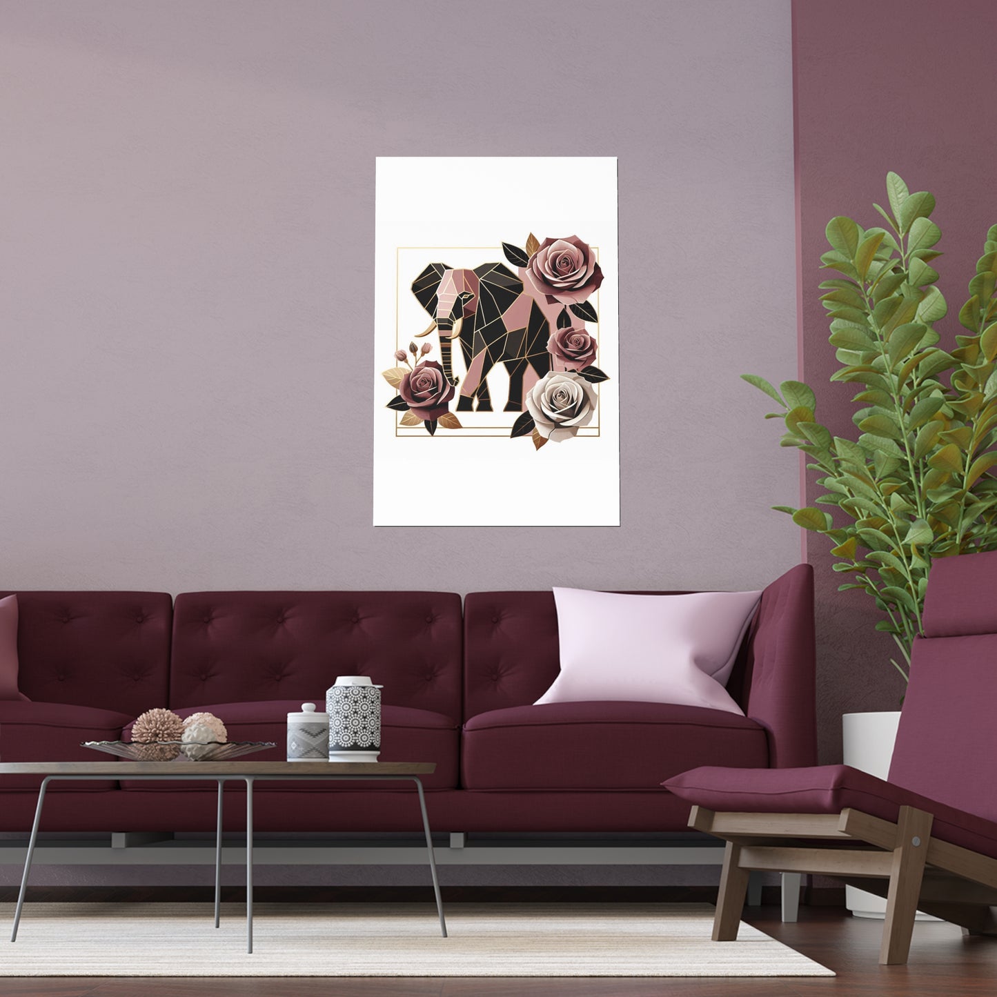 Elegant Floral Silk Poster - Indoor/Outdoor Wall Art for Home Decor - Brown & Mauve Elephant & Roses