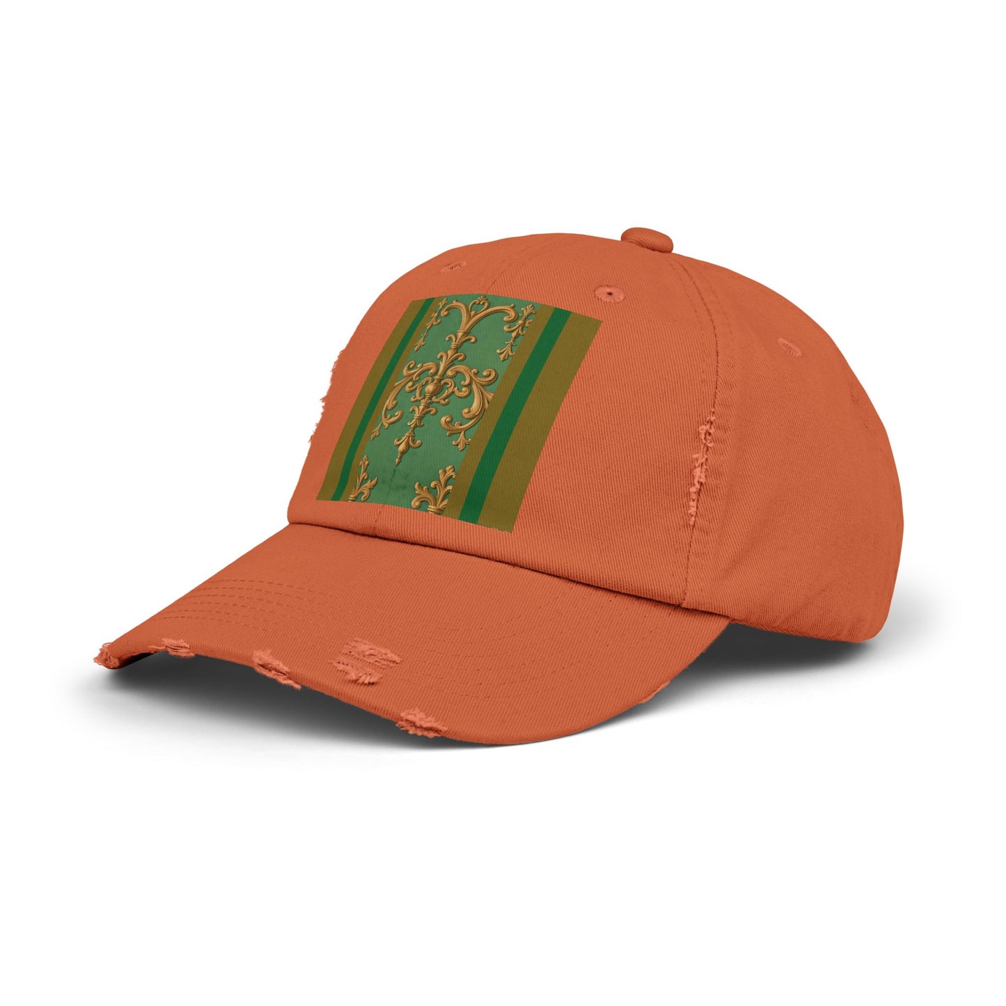 Stylish Unisex Distressed Cap with Unique Floral Design, Trending Accessory for Men and Women - Olive Green Striped Rococo
