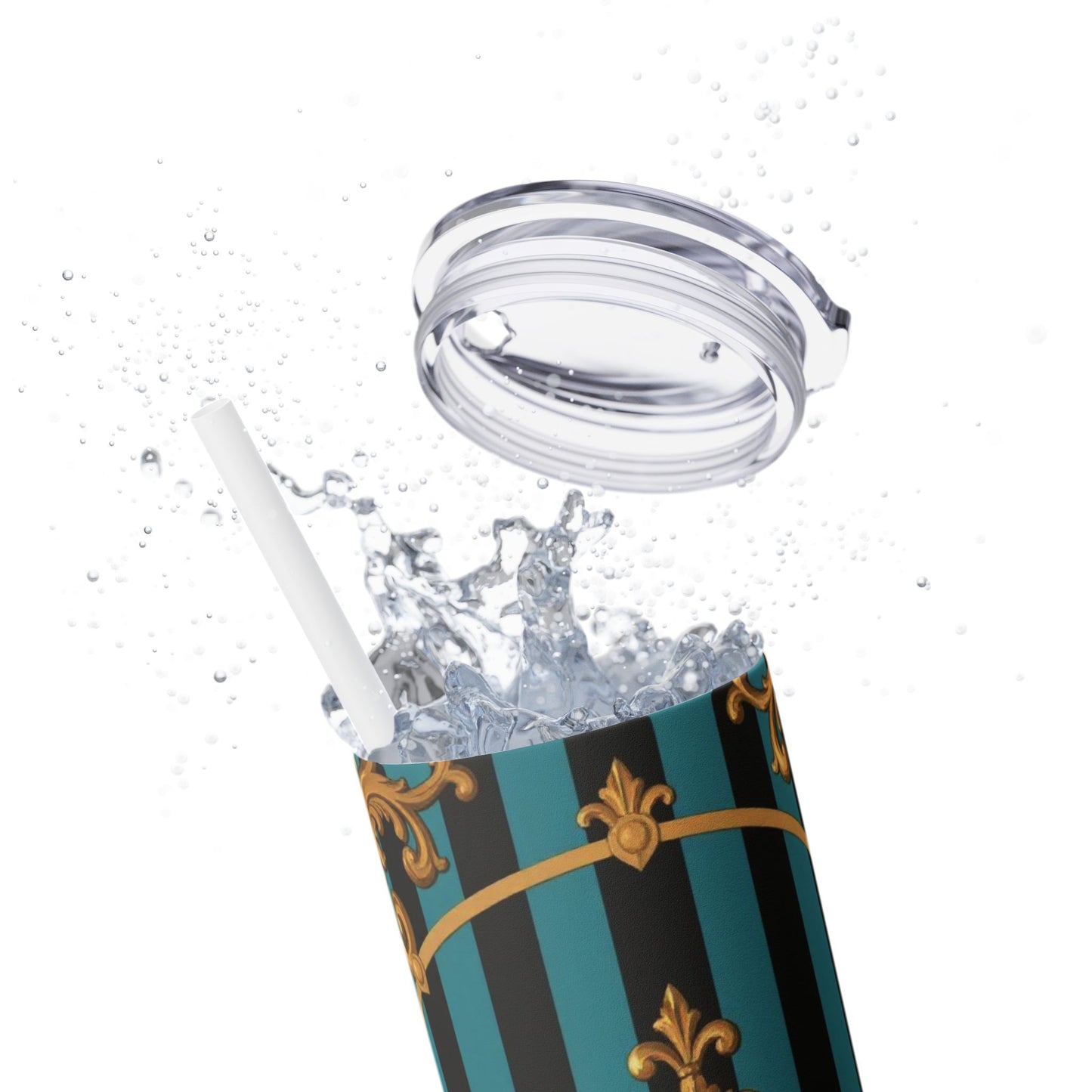 Elegant Turquoise & Black Striped Gold Baroque Skinny Tumbler with Straw, 20oz, Stylish Travel Mug, Party Favor, Birthday Gift, Drinkware