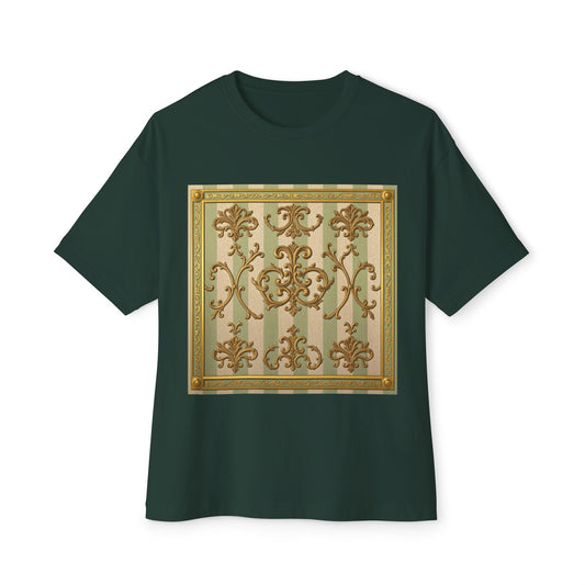 Vintage-Inspired Unisex Oversized Tee, Cozy Graphic T-Shirt, Boho Style Fashion, Unique Gift for Him/Her - Mint & Beige Striped Gold Baroque