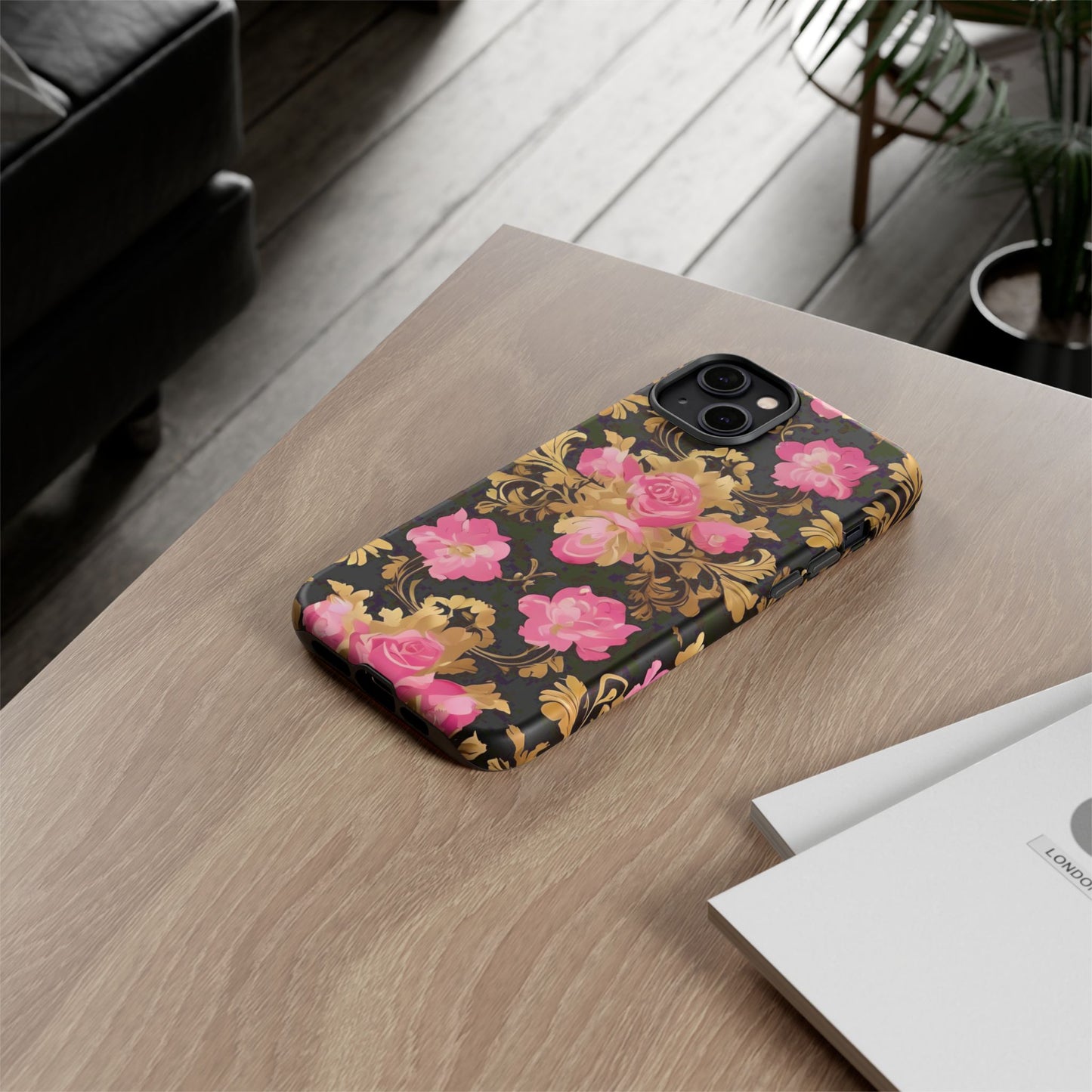 Elegant Floral Motif Phone Case - Tough Cases with Vintage Design - Pink & Gold Roses