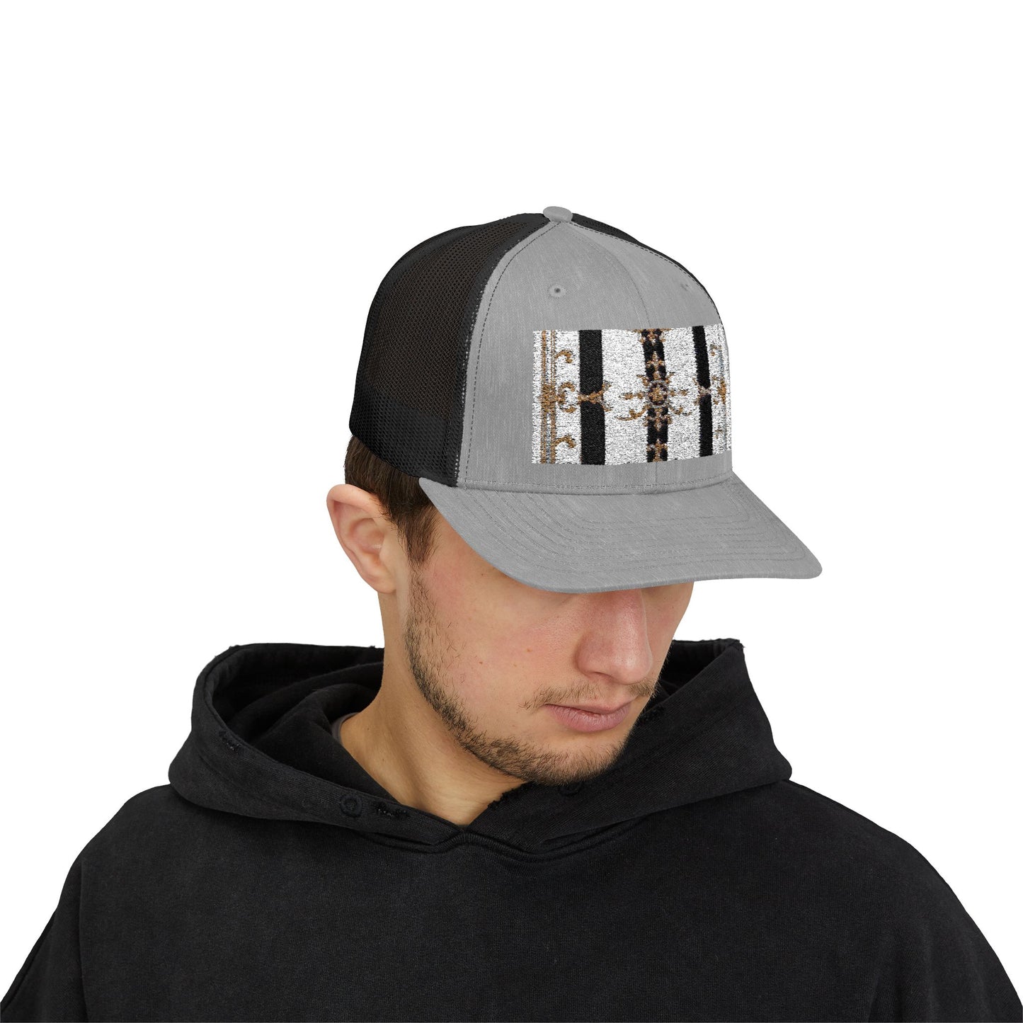 Trendy Snapback Trucker Cap, Casual Fashion Hat, Summer Accessory, Gift Idea for Cool Teens, Outdoor Activities - Black & White Striped Gold Baroque