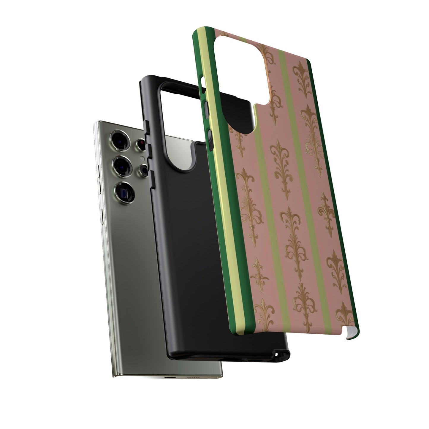 Elegant Floral Motif Phone Case - Tough Cases with Vintage Design - Lime Green & Pink Striped Damask