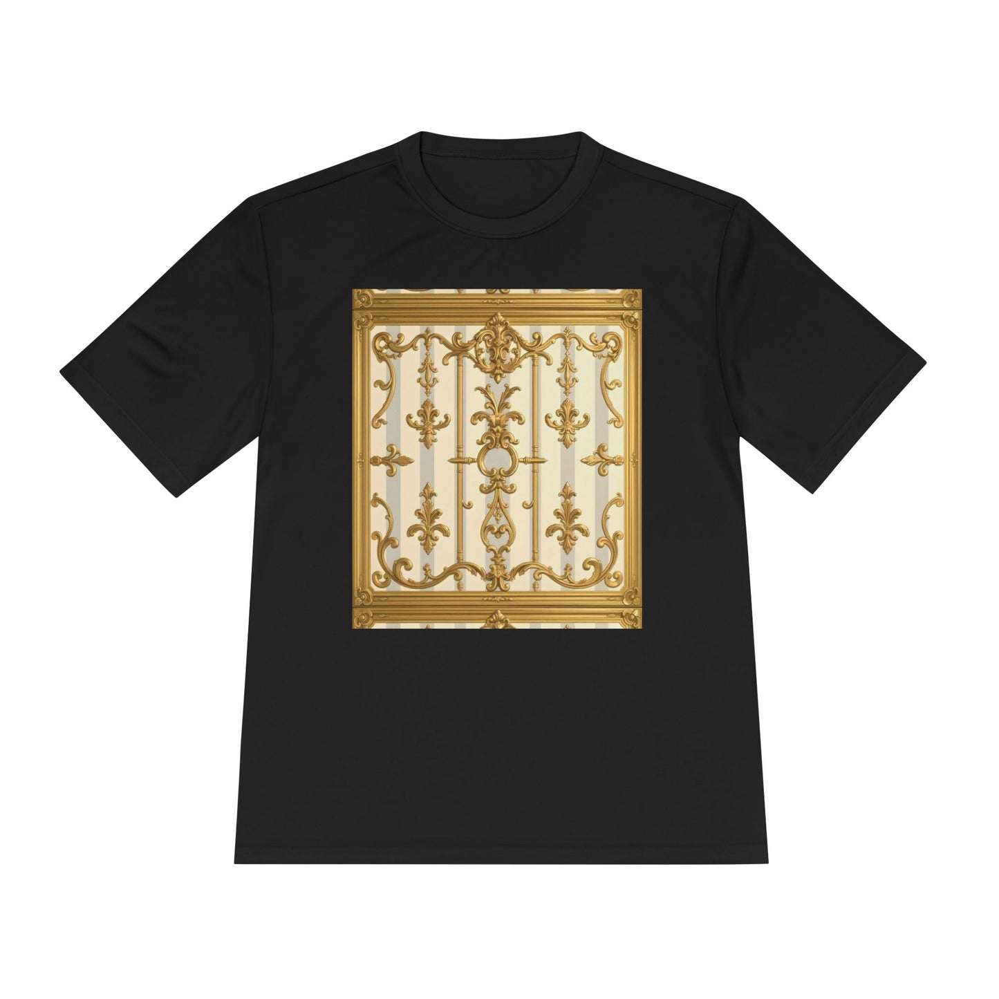 Elegant Gold Unisex Moisture Wicking Tee, Fashion Tee, Workout Shirt, Summer Style - Matte Gray & Cream Striped Gold Baroque