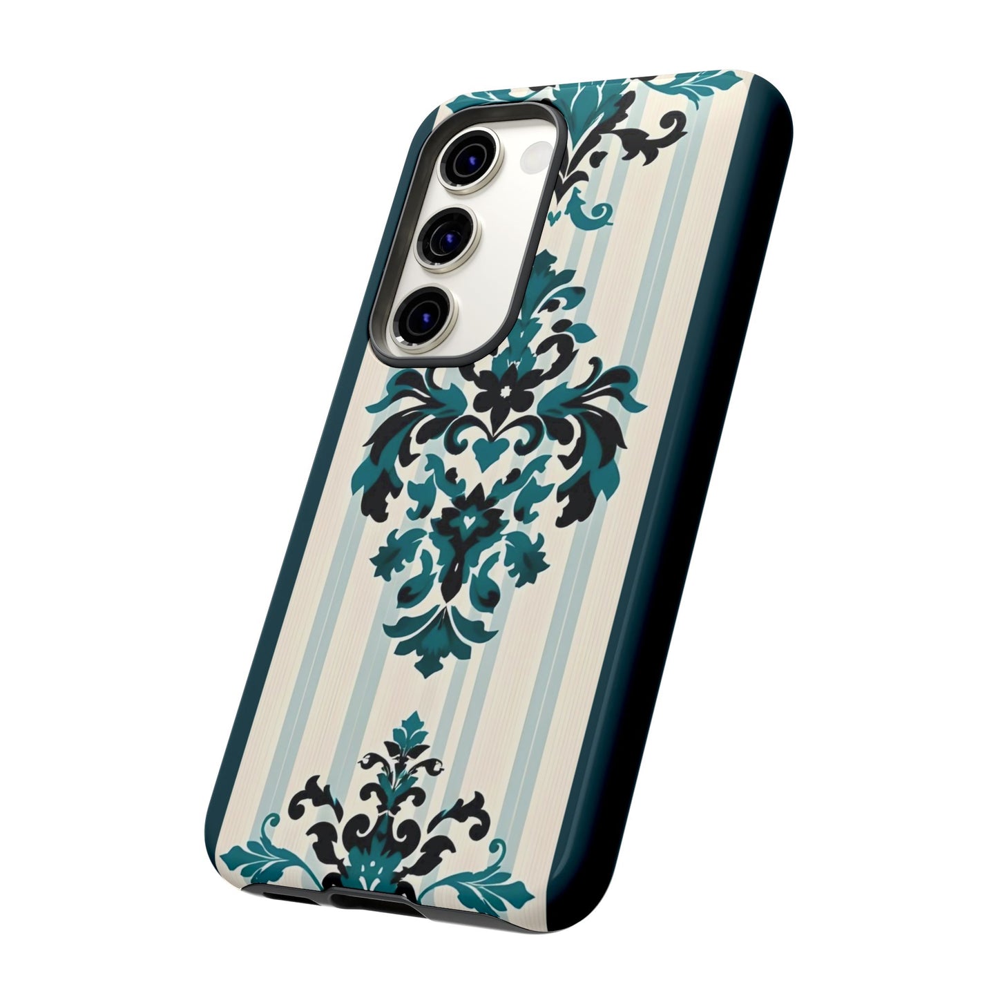 Elegant Floral Phone Case - Tough Cases with Vintage Design - Teal Striped Damask