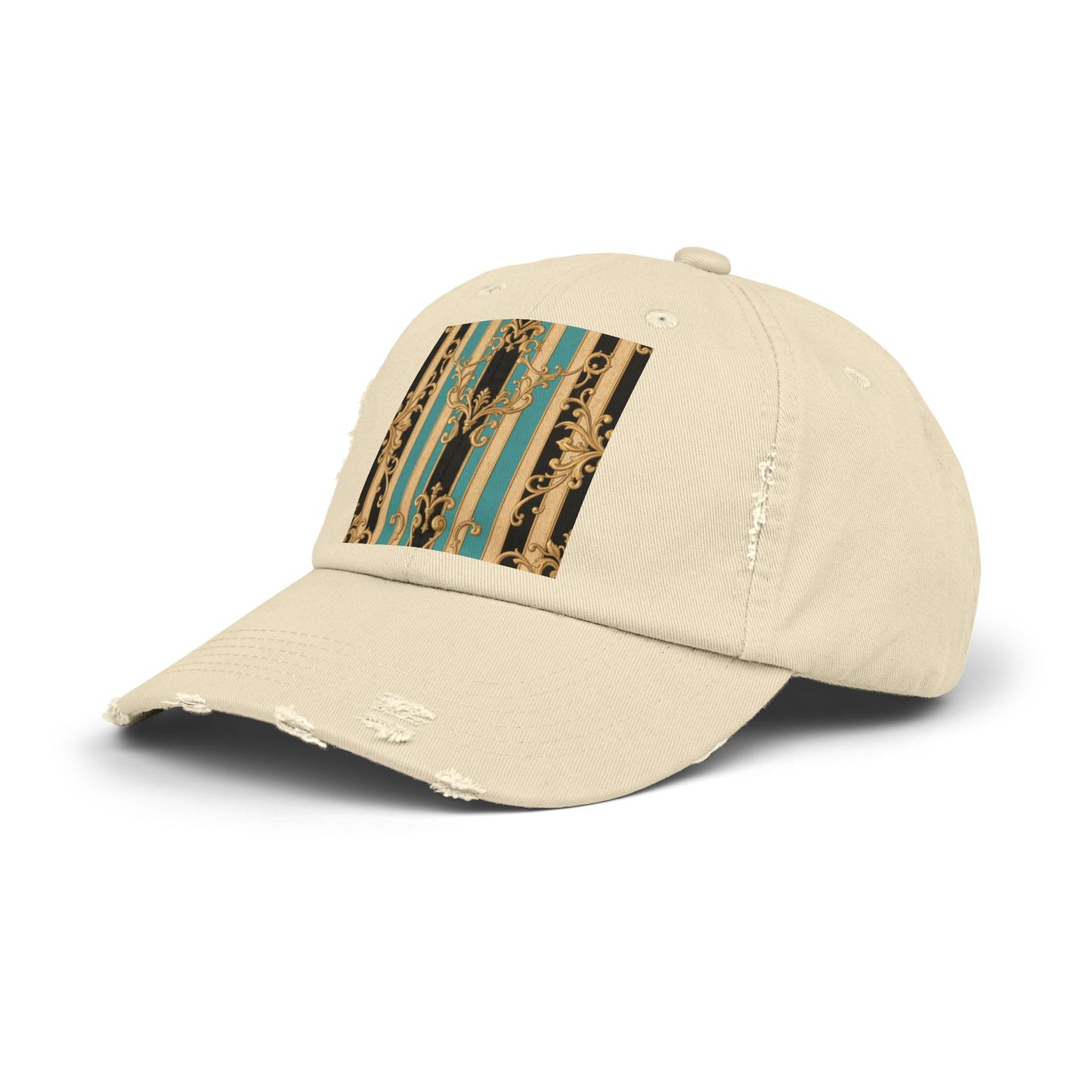 Distressed Black, Tan & Ocean Green Striped Gold Baroque Cap with Elegant Stripe Design | Vintage-Inspired Accessories, Unisex Casual Hat