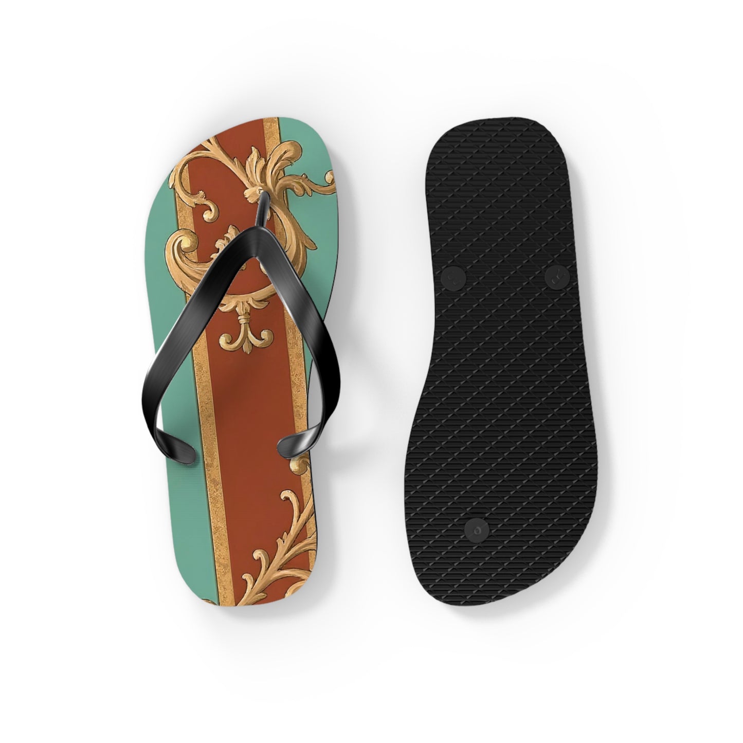 Elegant Vintage Flip Flops with Ornate Design - Perfect for Summer & Beach Getaways - Rust & Mint Aqua Striped Baroque