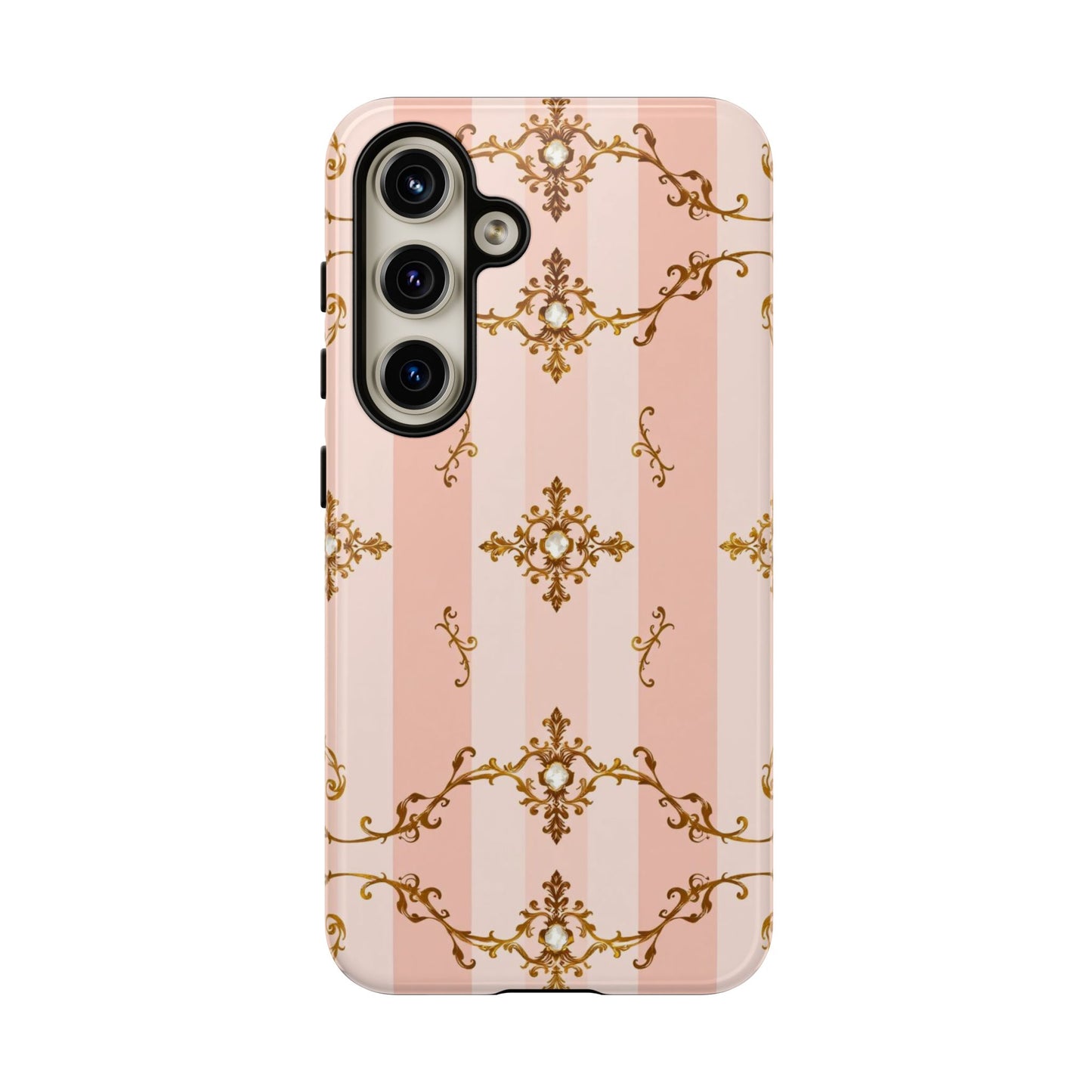 Elegant Floral Phone Case, Tough Cases for Women, Trendy Phone Cover, Chic Gift - Pink Jeweled Striped Gold Baroque