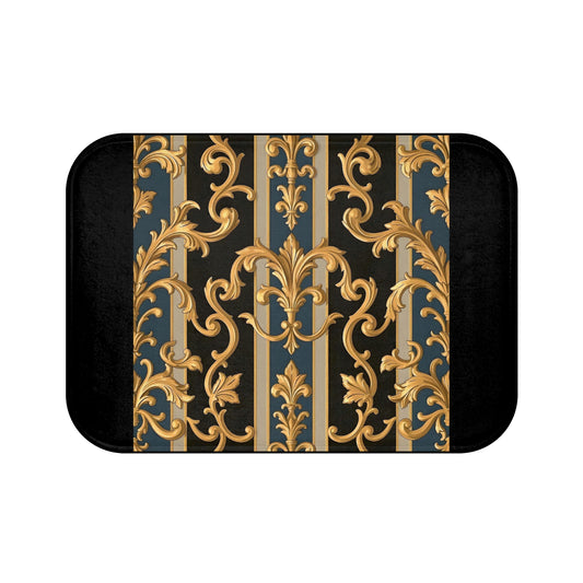 Elegant Vintage Bath Mat with Floral Design, Luxurious Home Decor, Shower Rug, Bathroom Accessory - Blue & Black Striped Rococo