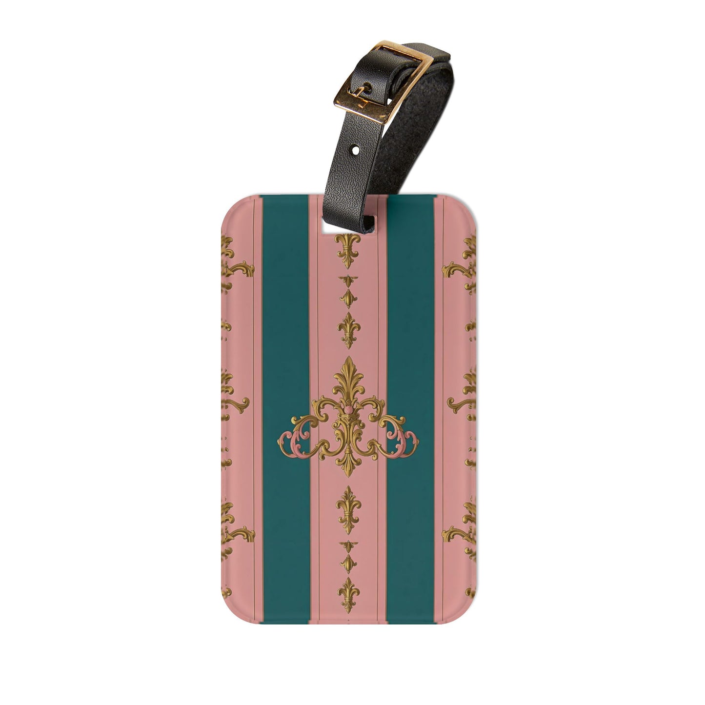 Elegant Vintage Luggage Tag | Travel Accessory, Personalized Baggage Identifier, Gift for Travelers - Pink & Teal Striped Gold Baroque