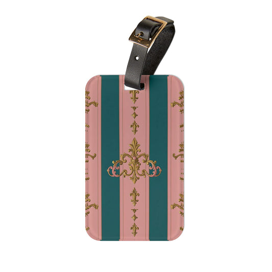 Elegant Vintage Luggage Tag | Travel Accessory, Personalized Baggage Identifier, Gift for Travelers - Pink & Teal Striped Gold Baroque