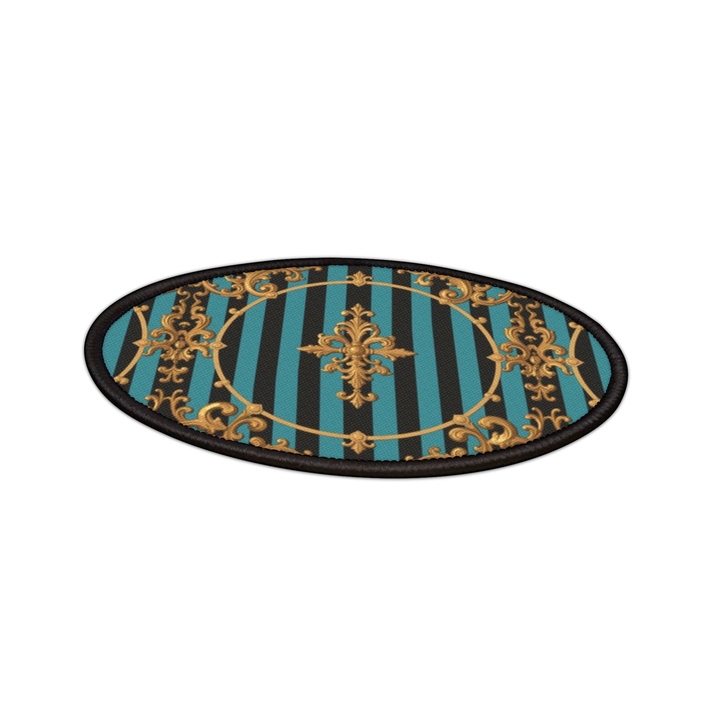 Turquoise & Black Striped Gold Baroque Iron-On Patches for Jackets, Bags, and DIY Projects | Retro Fashion, Unique Gifts