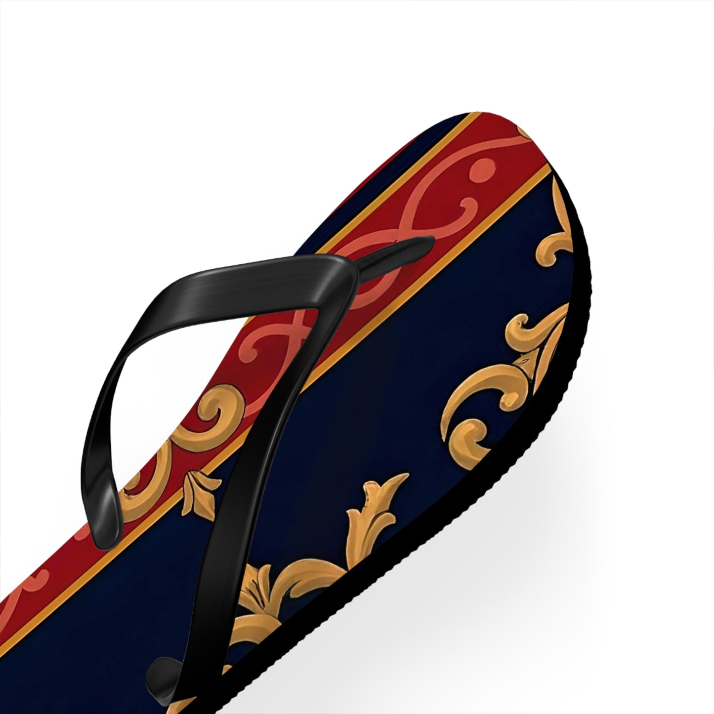 Elegant Vintage Flip Flops, Stylish Summer Footwear, Beachwear Accessories, Vacation Essentials - Midnight Blue & Dusk Red Gold Baroque