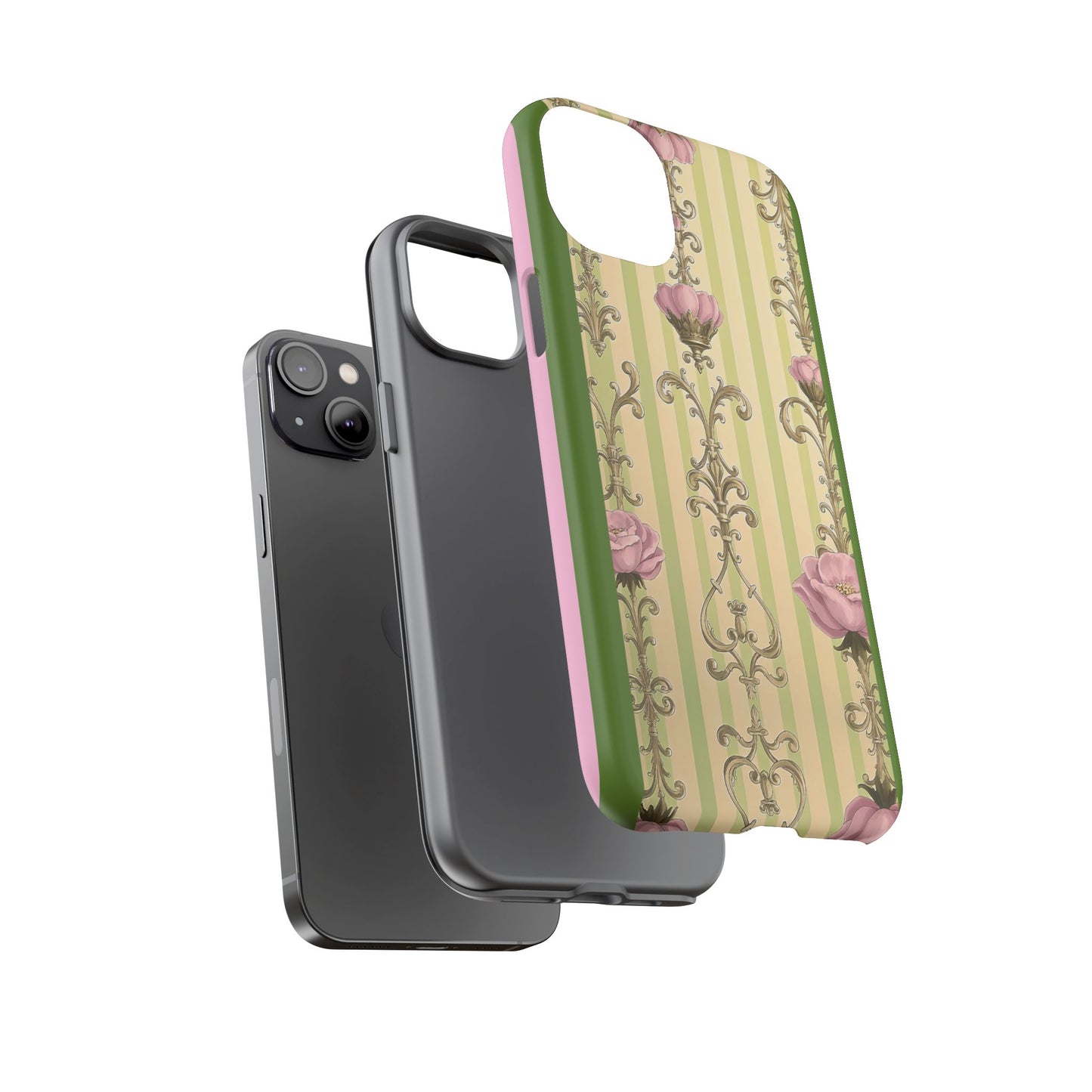 Elegant Floral Motif Phone Case - Tough Cases with Vintage Design - Lime Green & Pink Striped Damask