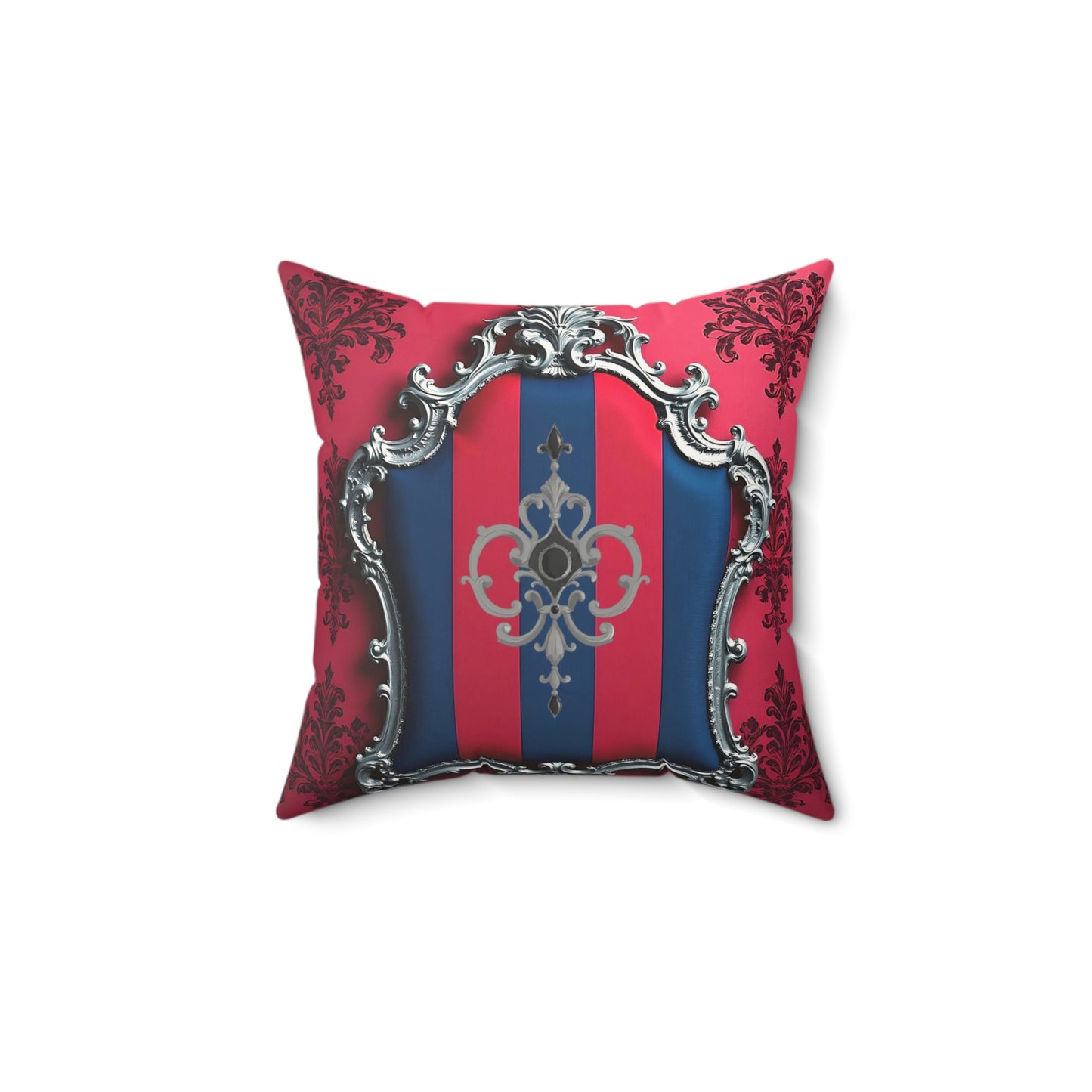 Luxurious Faux Suede Square Pillow with Elegant Pattern, Home Decor, Sofa Accent, Living Room Accent - Blue & Red Striped Silver Crest