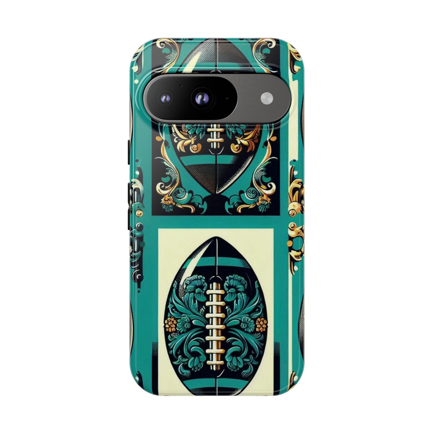 Elegant Floral Motif Phone Case - Tough Cases with Vintage Design -  Damask Teal, Gold & Black Footballs