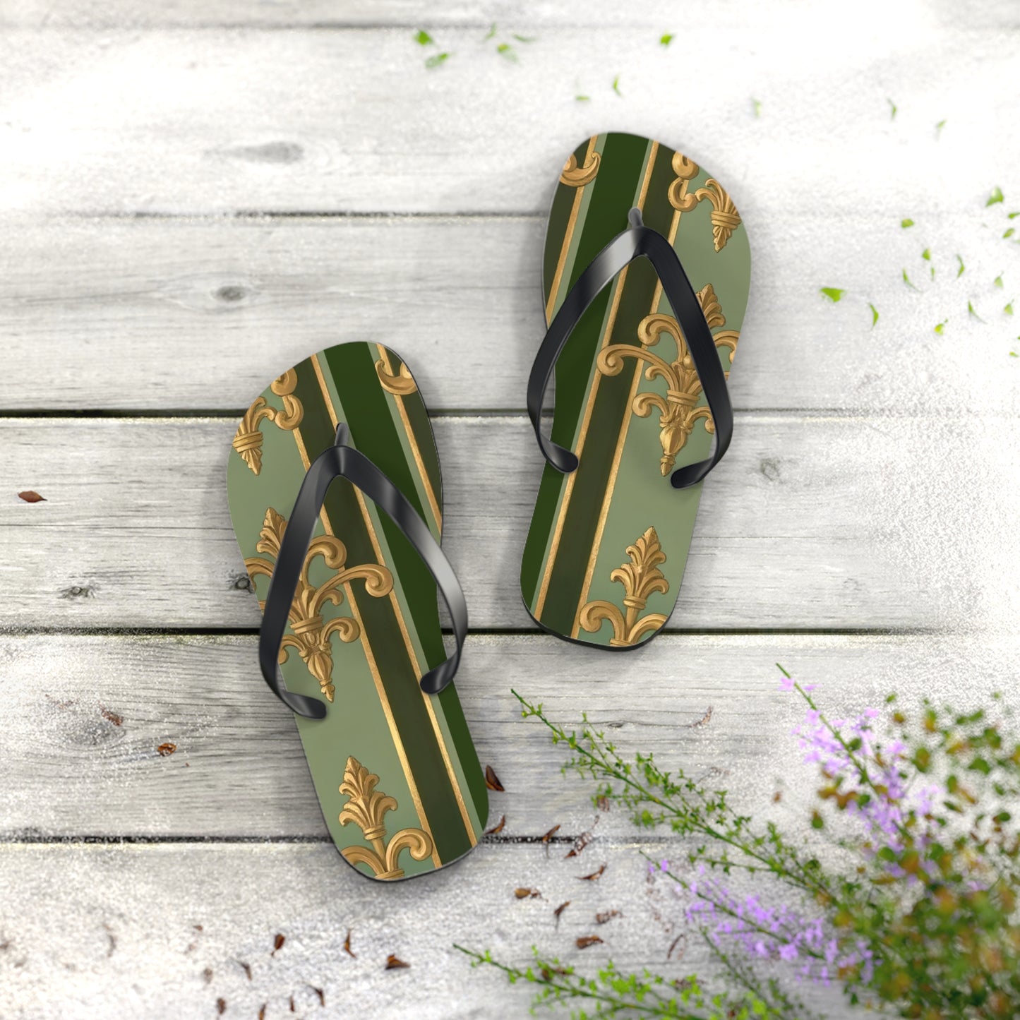 Elegant Vintage Flip Flops for Summer, Casual Sandals, Beachwear, Vacation Footwear, Summer Parties - Green Striped Gold Baroque