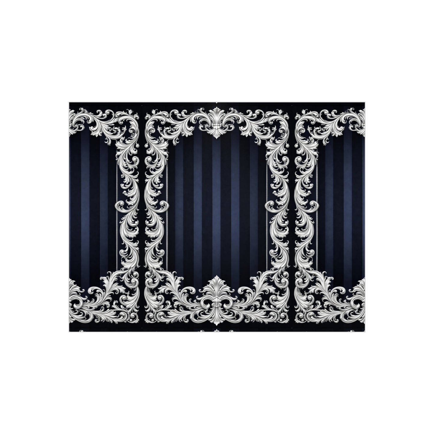 Navy Stripes & Baroque Foam Board Backdrop — Ornate Silver Scroll Panel