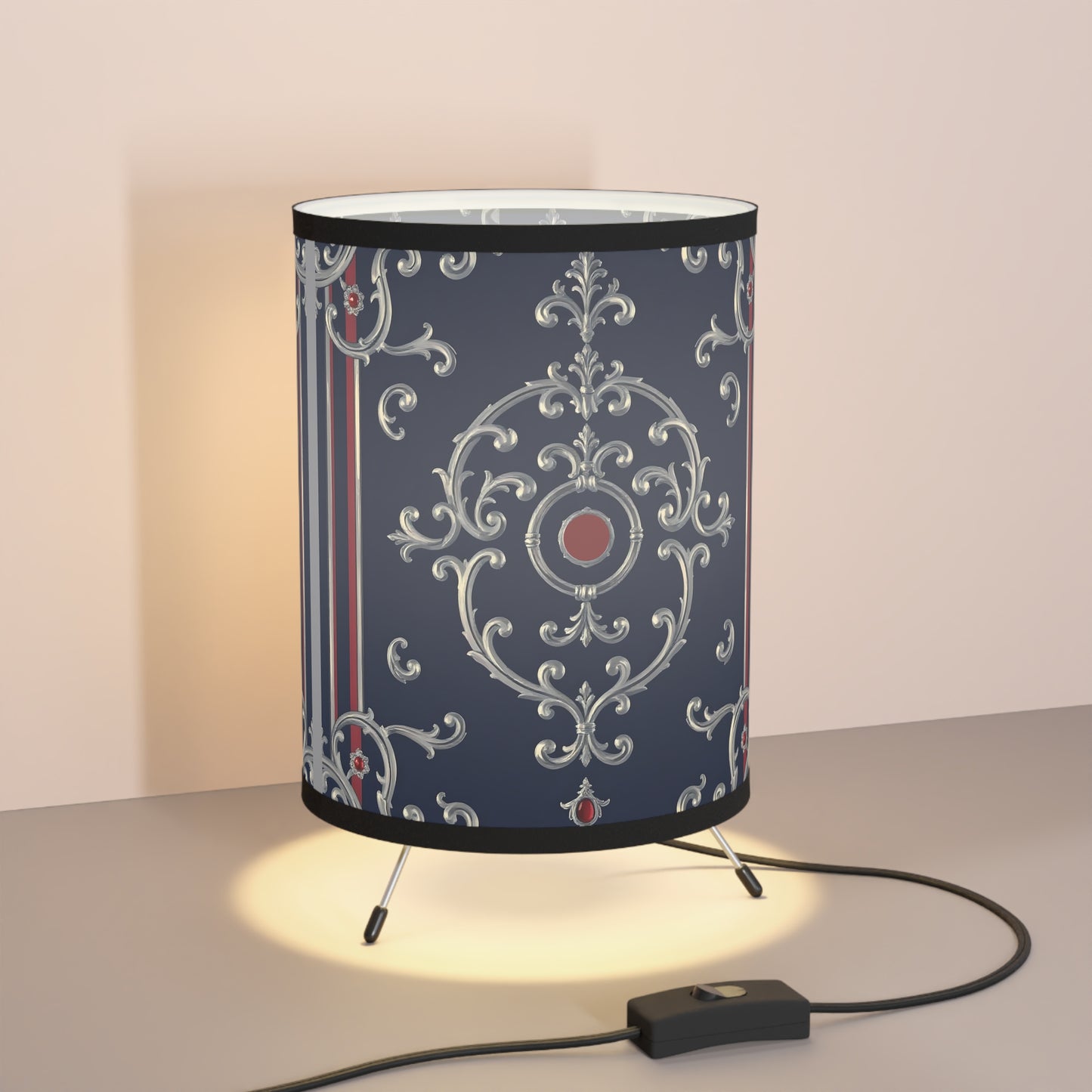 Elegant Tripod Lamp - High-Res Printed Shade, Unique Home Decor for Living Room, Bedroom, Office - Blue & Red Striped Silver Baroque