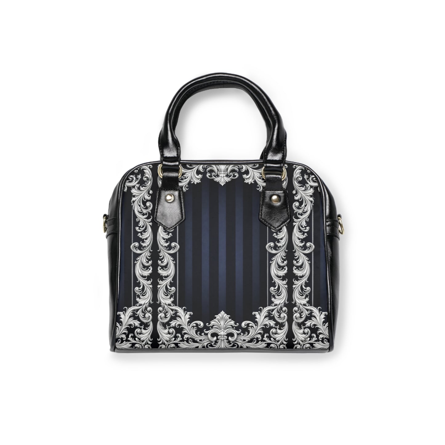 Navy Stripes & Baroque Shoulder Handbag — Elegant Navy & Silver Ornate Purse