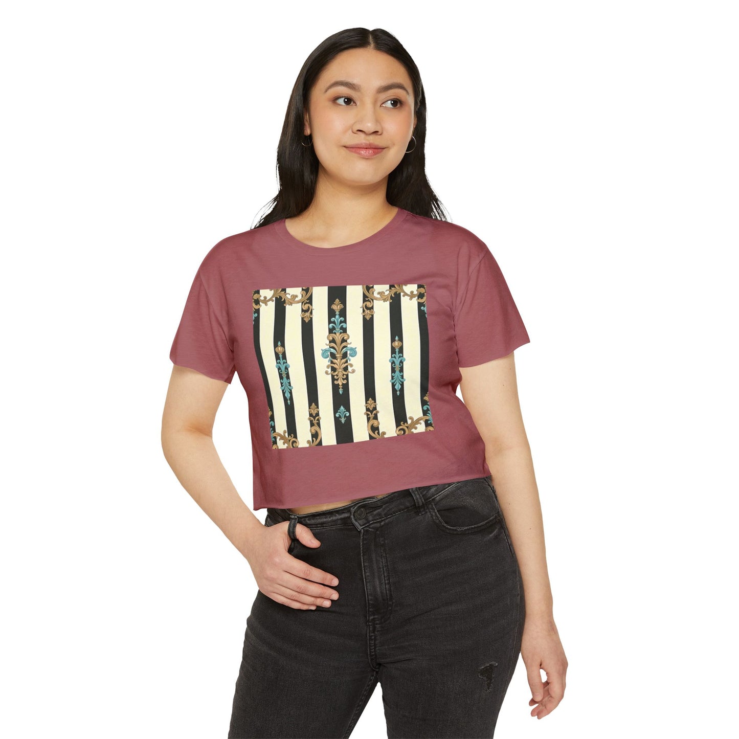 Bohemian Festival Crop Top, Stylish Summer Tee, Casual Day Out Shirt, Trendy Women’s Apparel - Black Striped Turquoise & Black Rococo