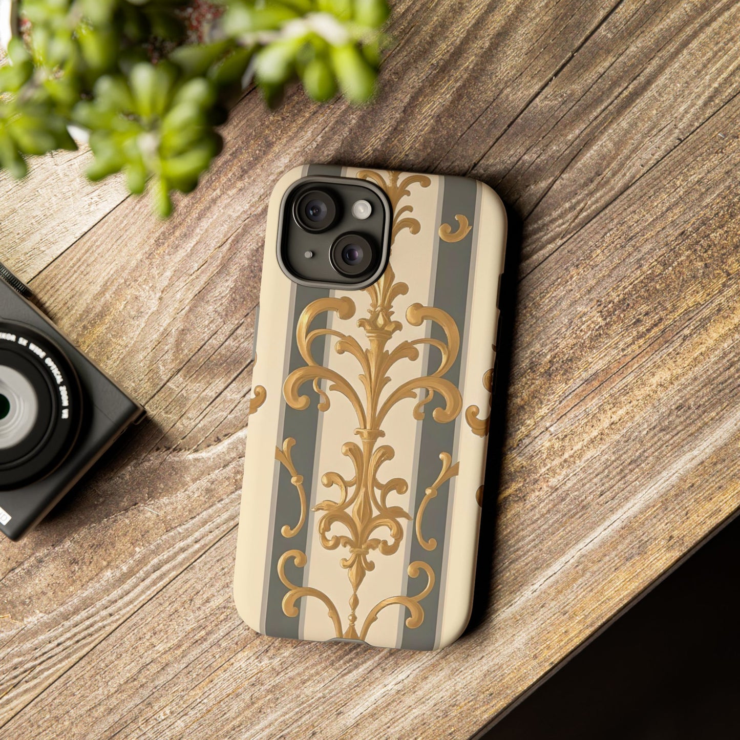Elegant Floral Motif Phone Case - Tough Cases with Vintage Design - Dusk Olive Striped Gold Damask