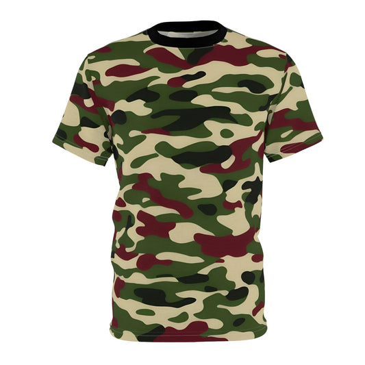 Camouflage Unisex Tee, Casual Wear, Military Style T-Shirt, Outdoor Adventure Top, Gift for Him/Her - Army Green & Burgundy Camo